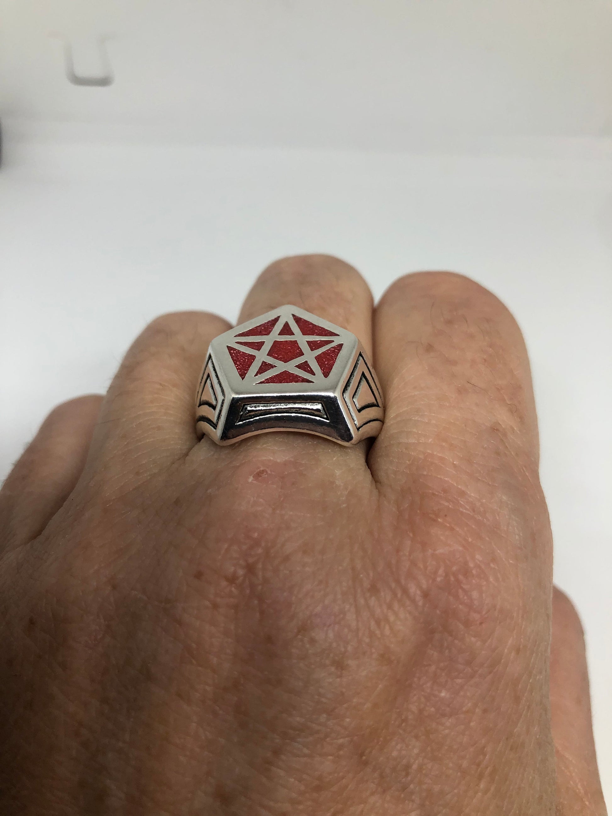 Vintage Gothic Red Pentacle Star Mens Ring