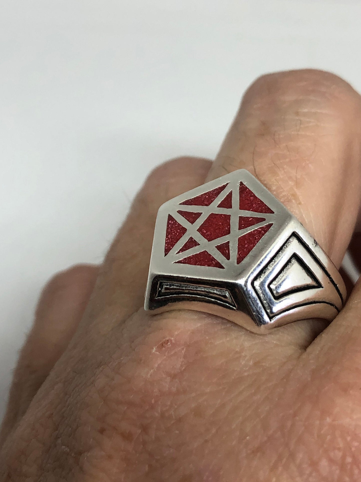 Vintage Gothic Red Pentacle Star Mens Ring