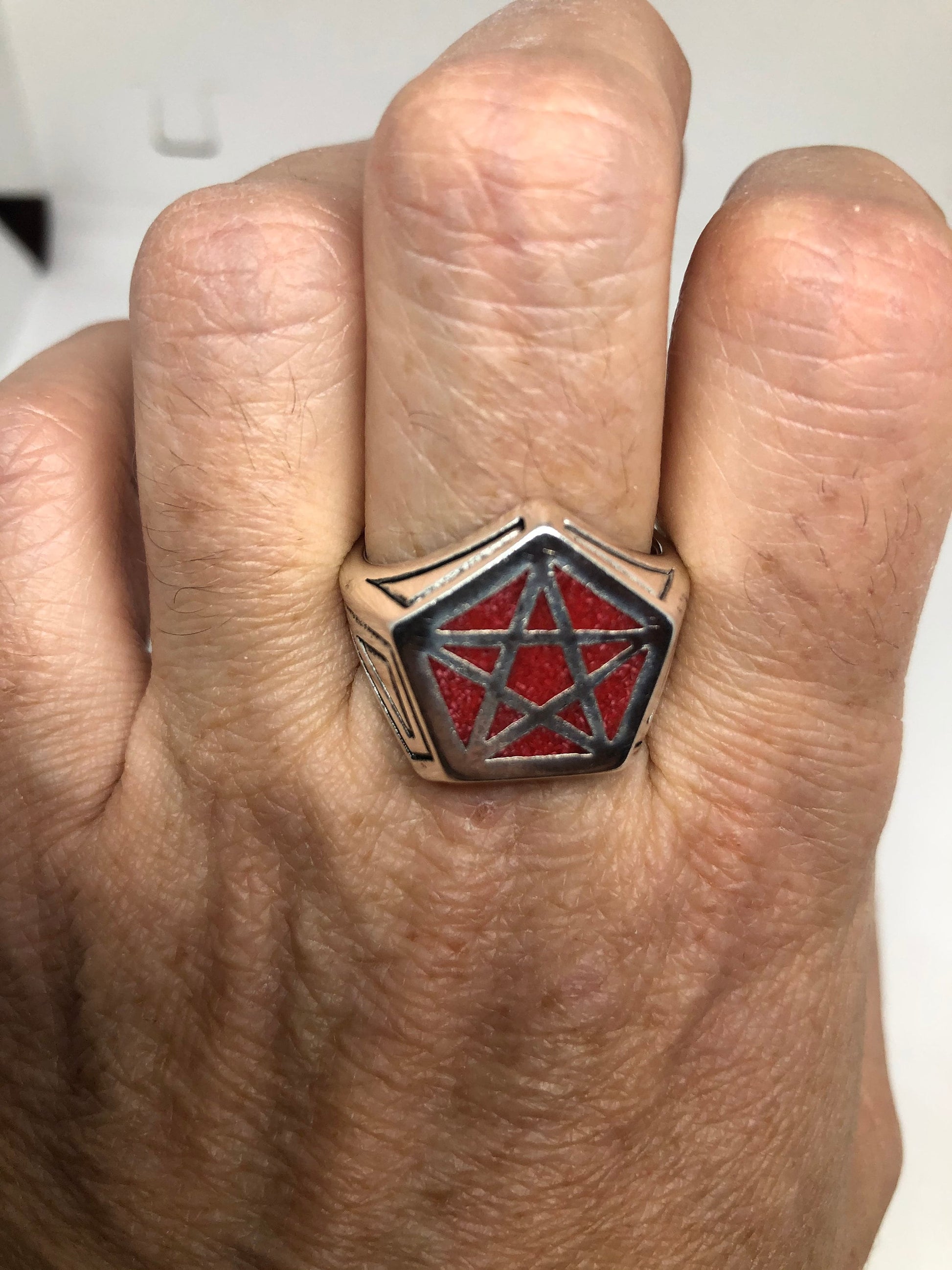 Vintage Gothic Red Pentacle Star Mens Ring