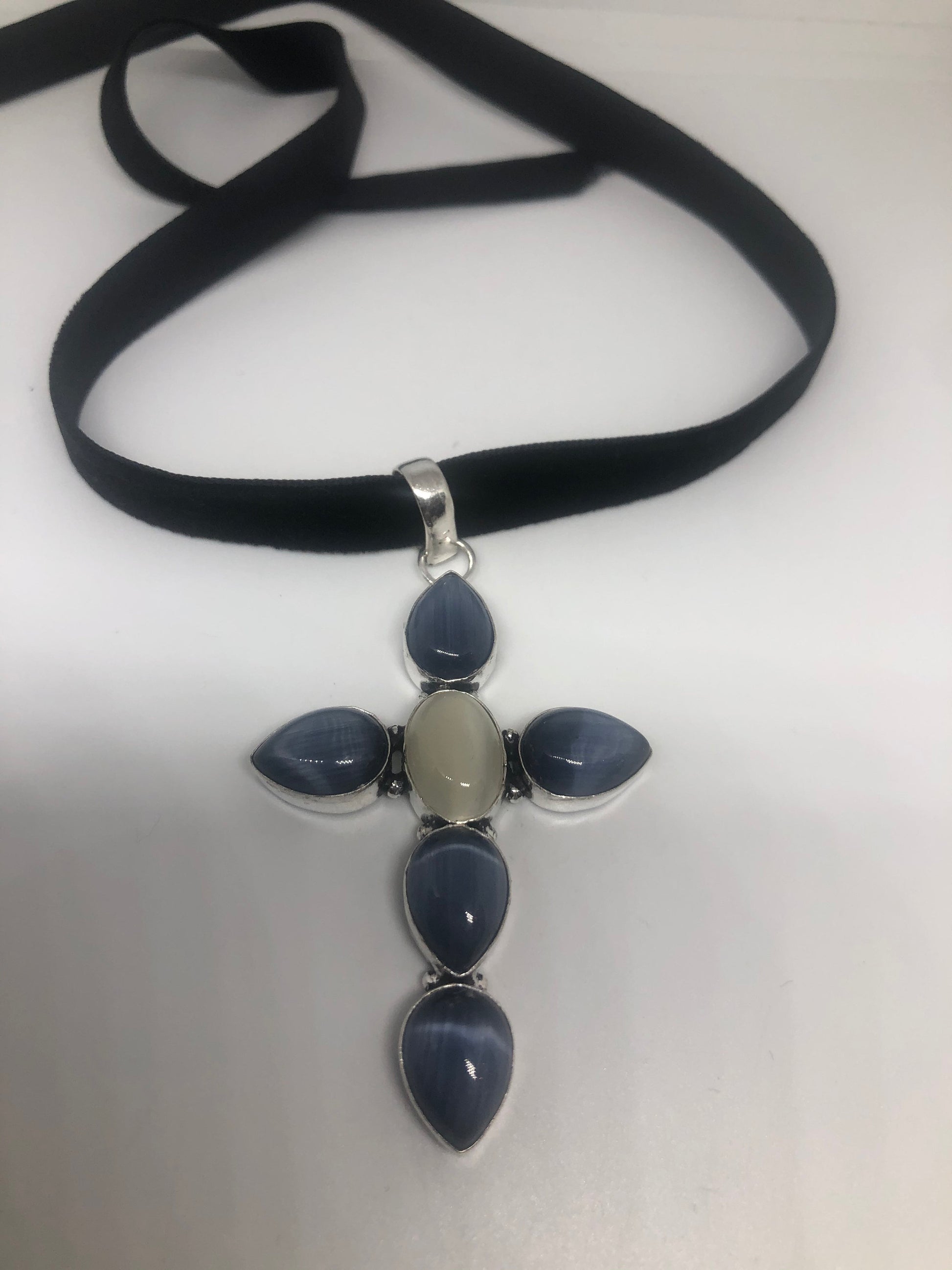 Vintage Moonstone and Blue Cats Eye cross Necklace Choker