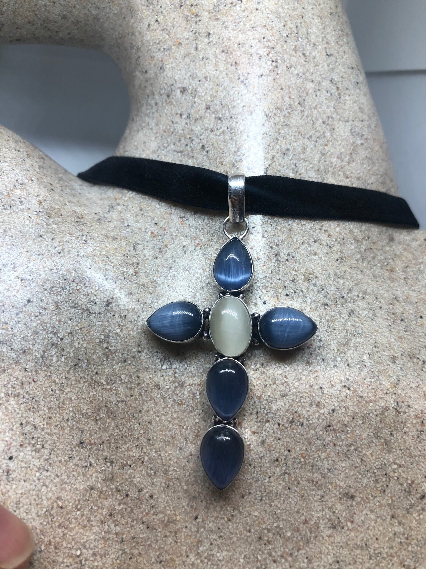 Vintage Moonstone and Blue Cats Eye cross Necklace Choker