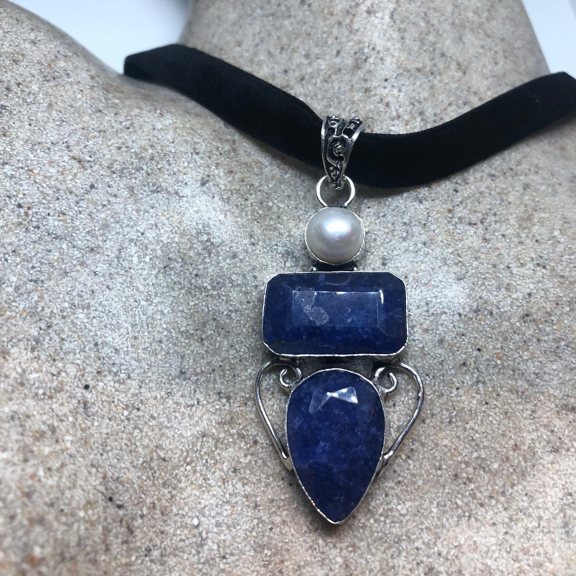 Vintage Raw Blue Sapphire and Pearl Choker Pendant