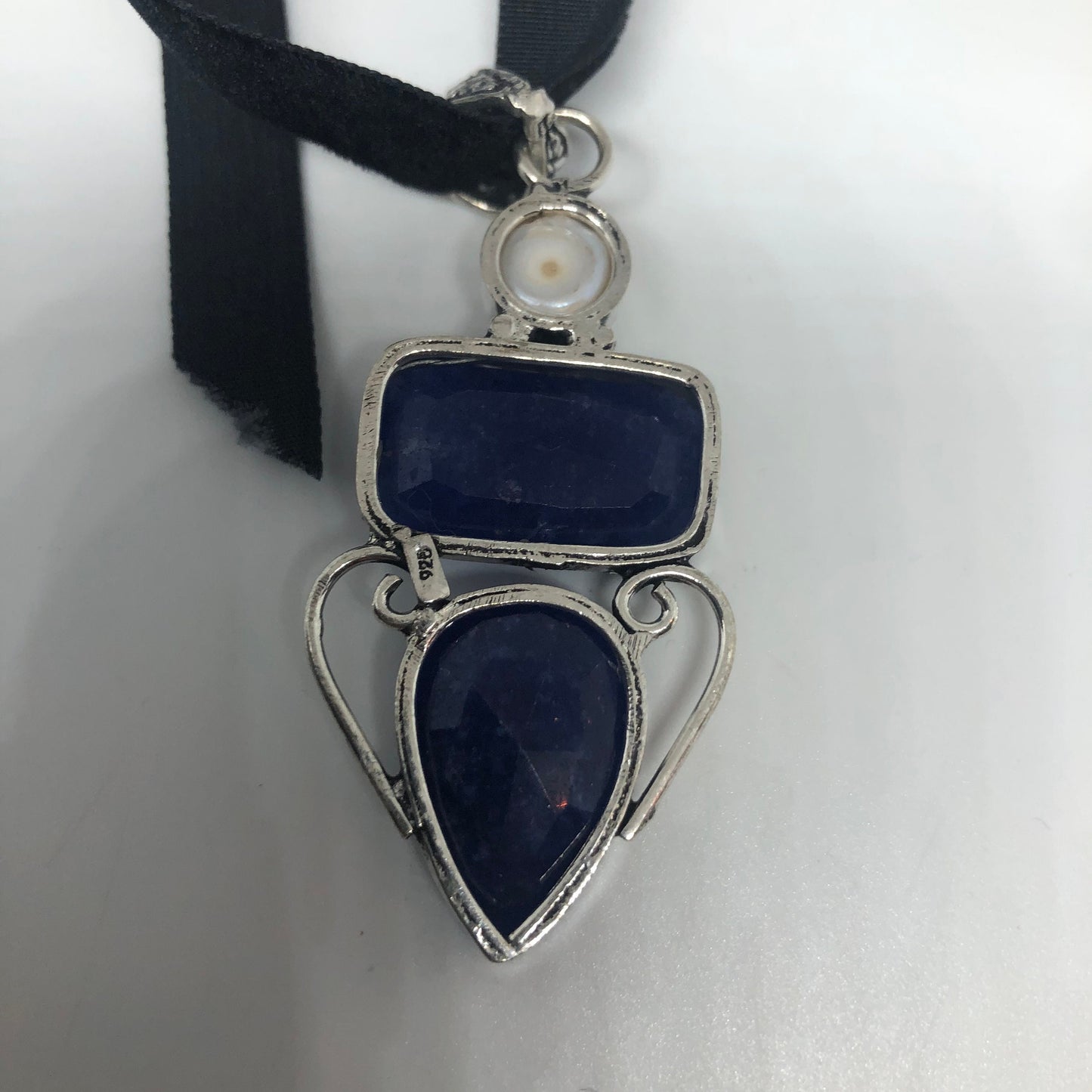 Vintage Raw Blue Sapphire and Pearl Choker Pendant