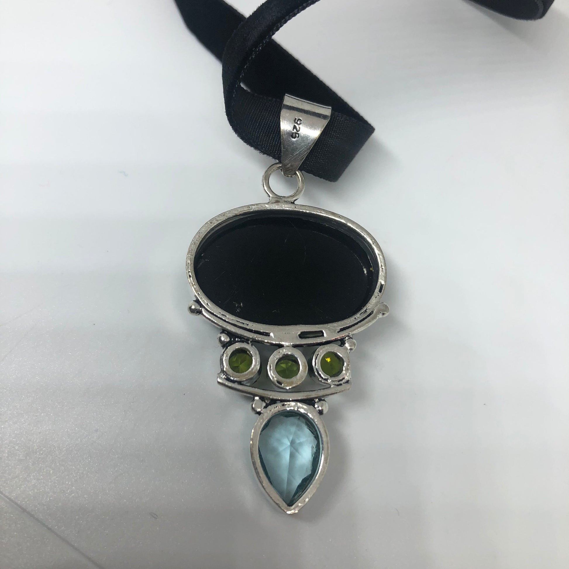 Vintage Silver Black Onyx Peridot Blue Topaz Choker Pendant Necklace