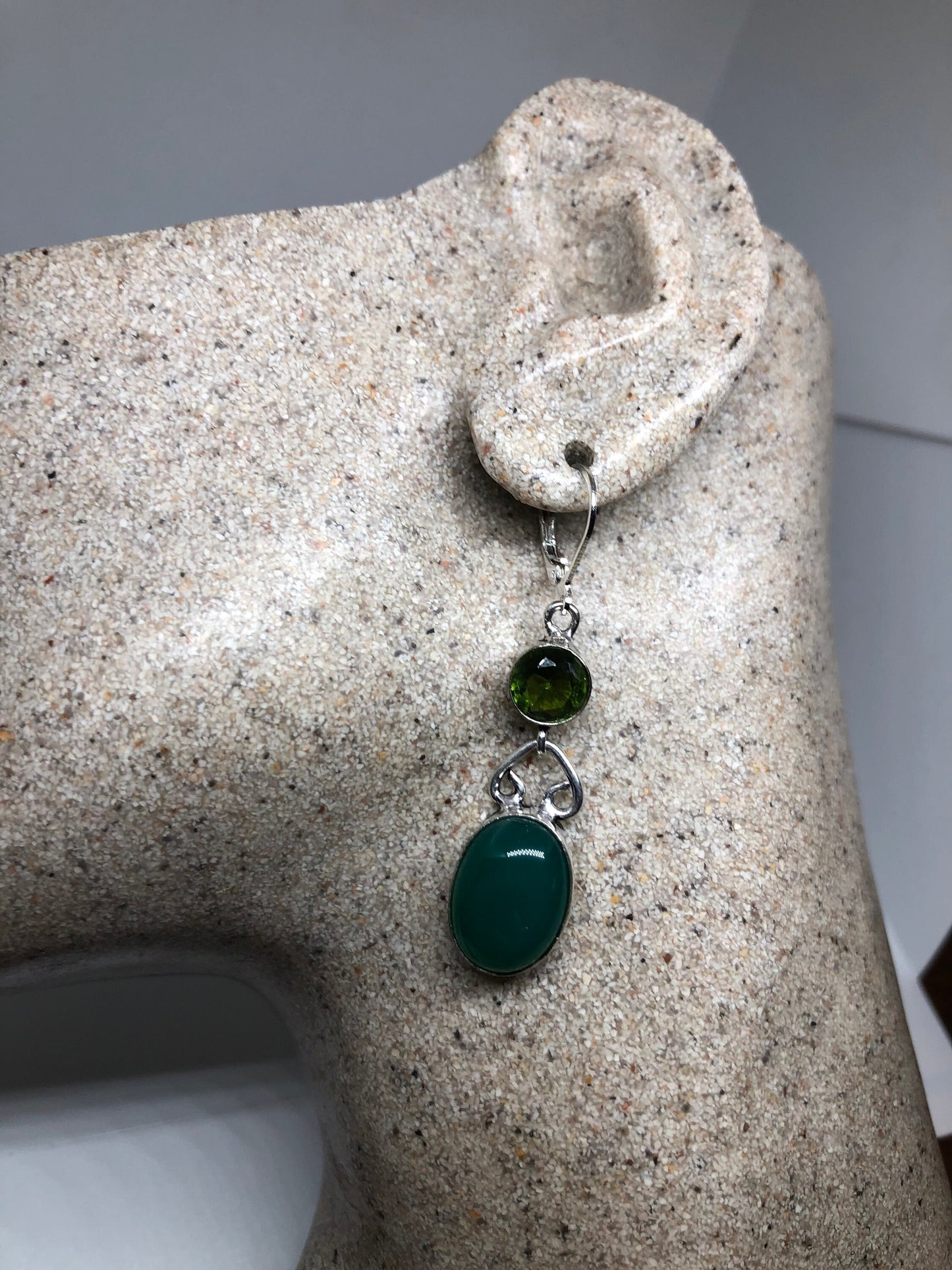 Antique Vintage Green Chrysoprase Silver Dangle Earrings