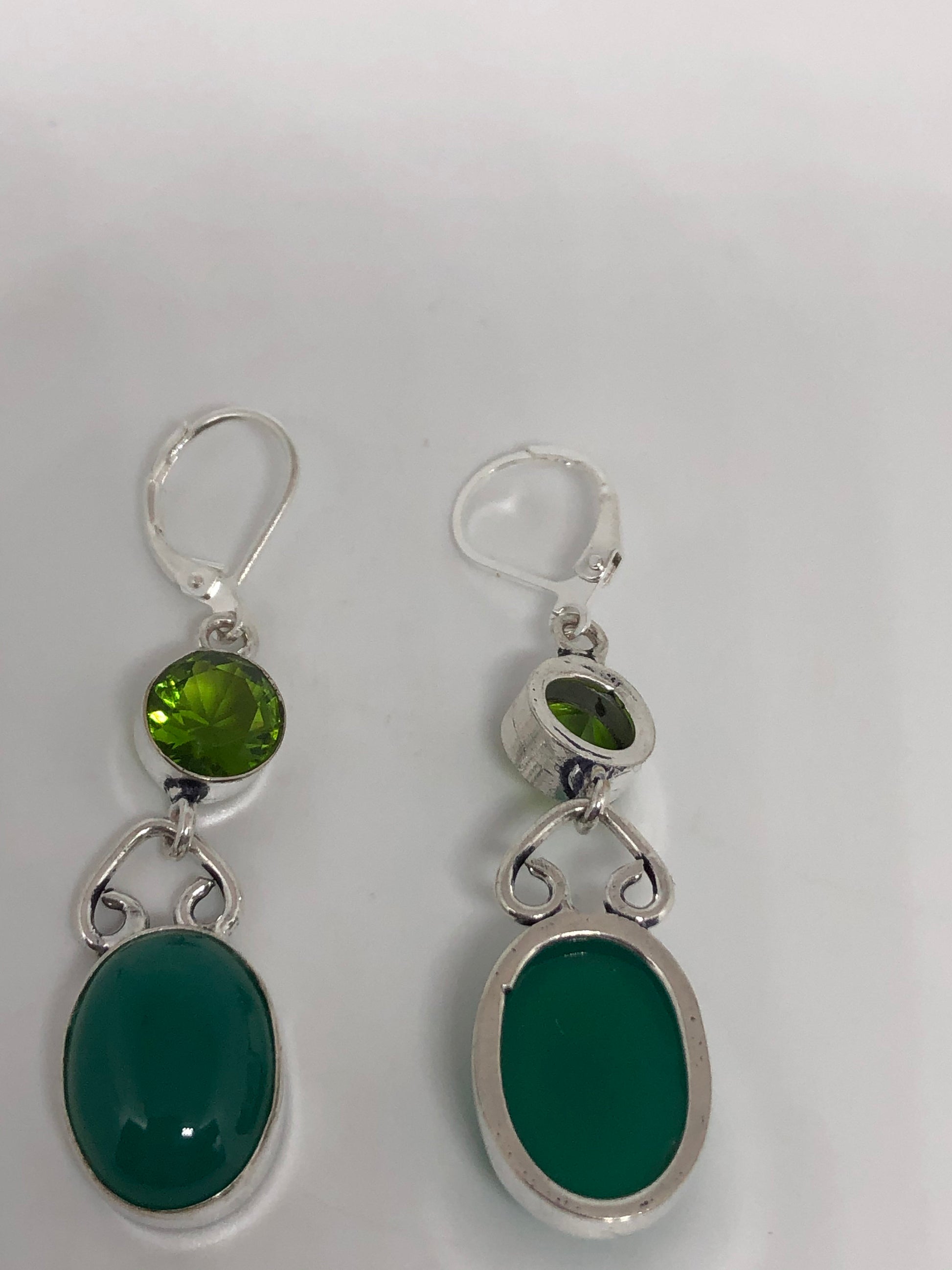 Antique Vintage Green Chrysoprase Silver Dangle Earrings