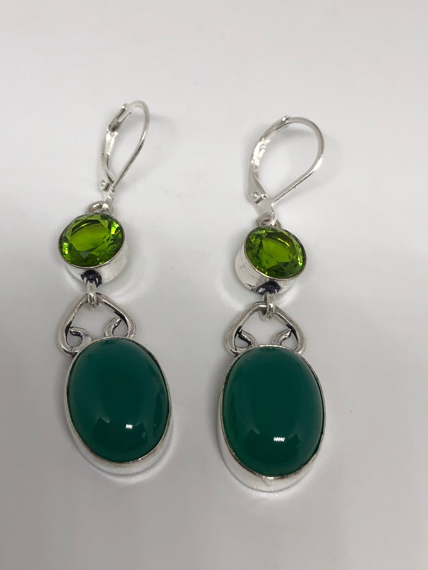 Antique Vintage Green Chrysoprase Silver Dangle Earrings