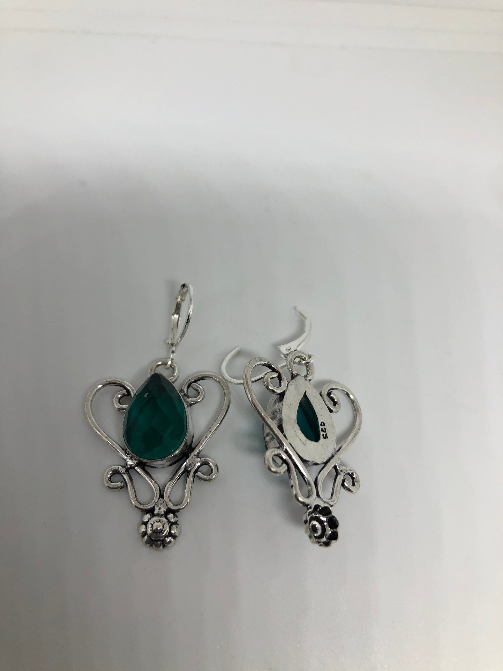 Antique Vintage Green Volcanic Glass Silver Dangle Earrings