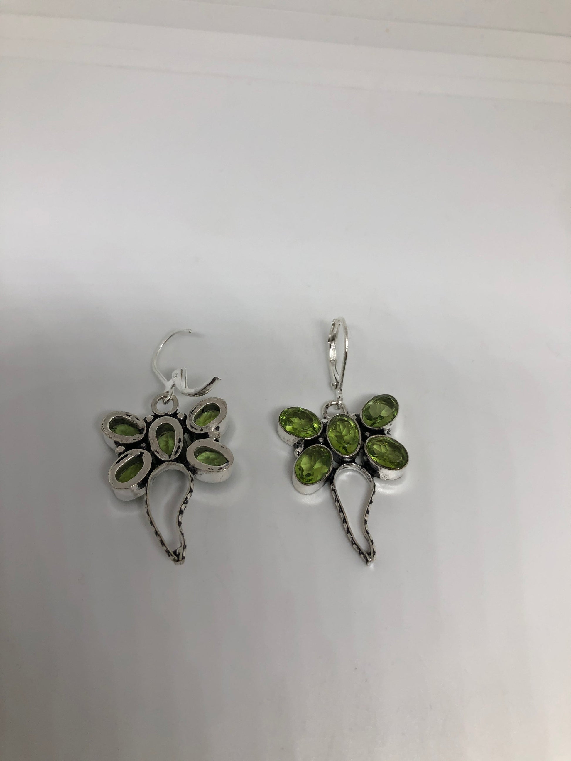 Antique Vintage Green Peridot Dragonfly Silver Dangle Earrings
