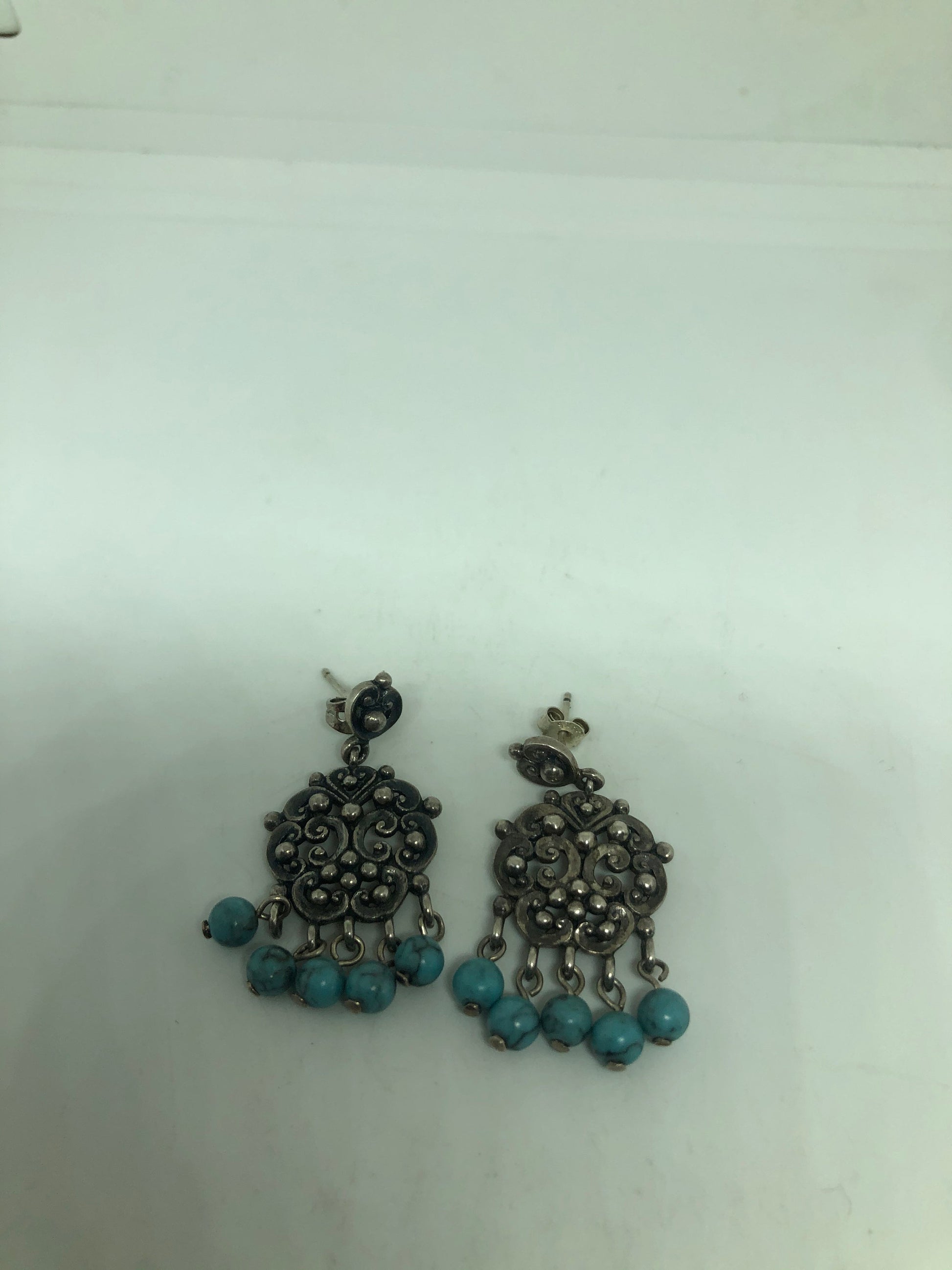 Vintage Blue Persian turquoise Earrings 925 Sterling Silver Dangle Chandelier