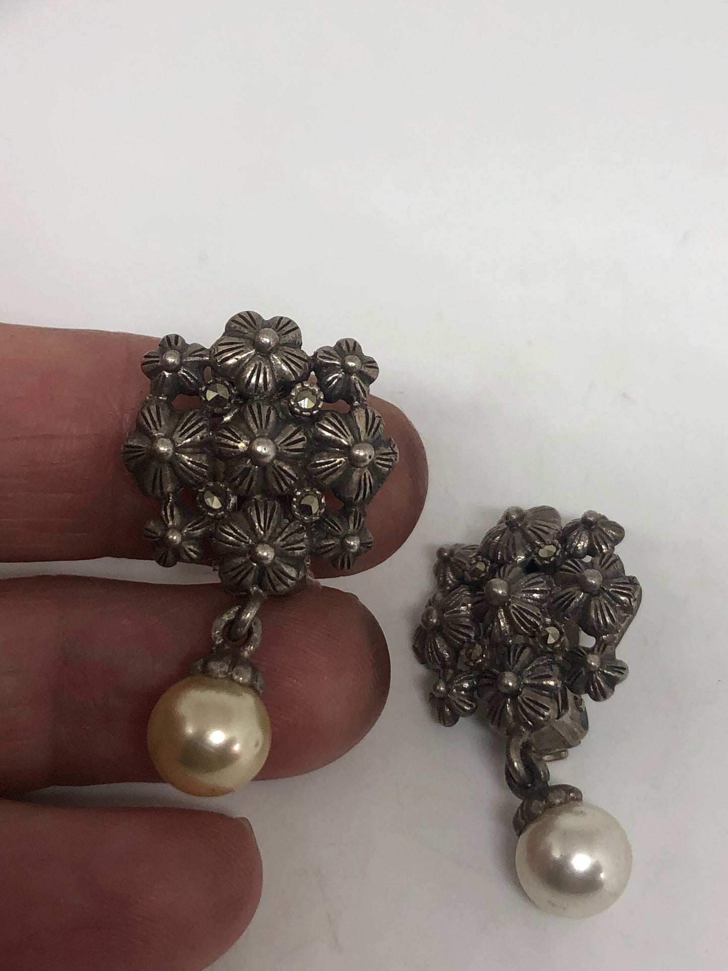 Antique Vintage Pearl 925 Sterling Silver Clip On Button Earrings