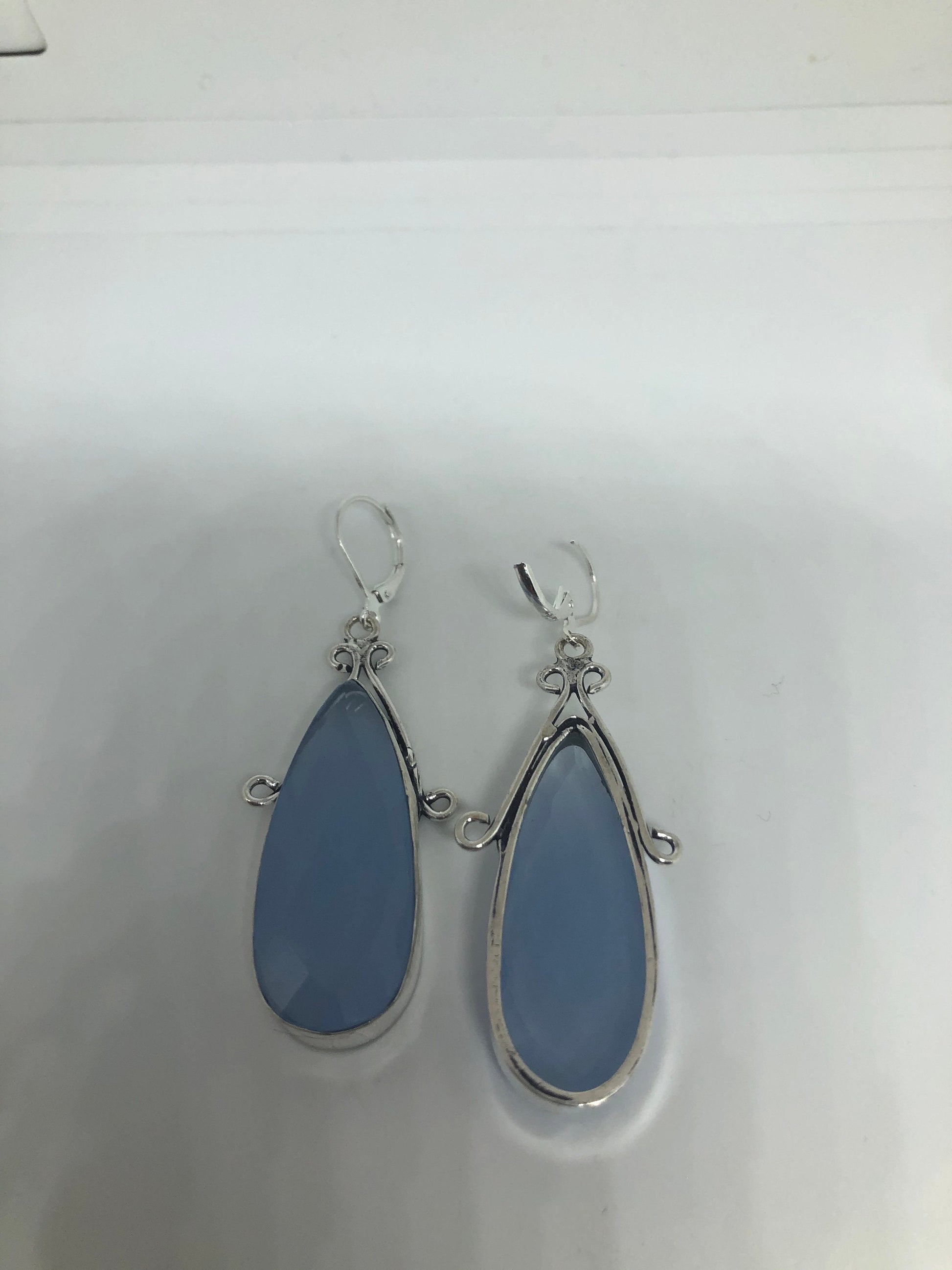 Vintage Blue Chalcedony Gemstone Sterling Silver Lever Back Chandelier Earrings