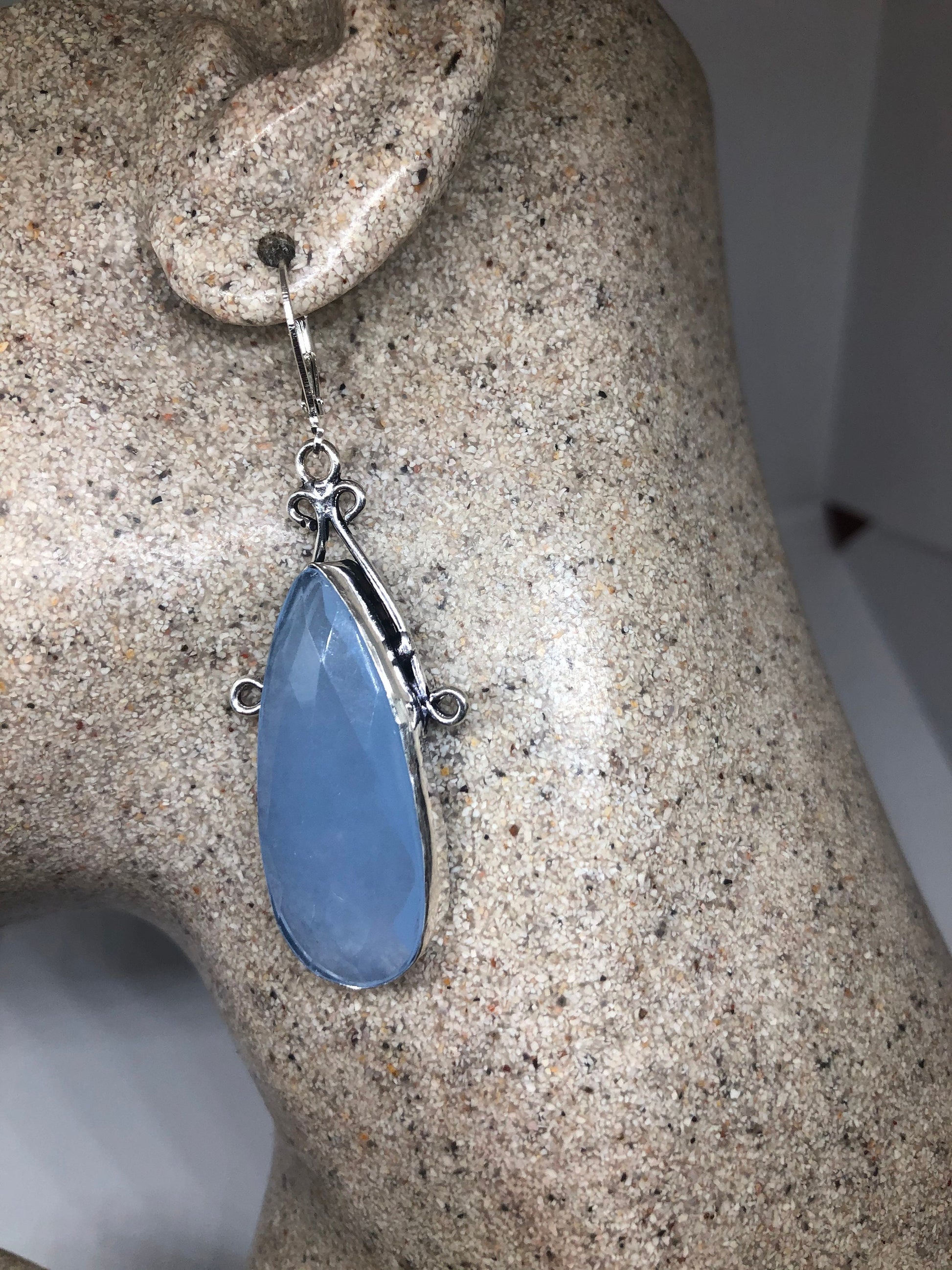 Vintage Blue Chalcedony Gemstone Sterling Silver Lever Back Chandelier Earrings
