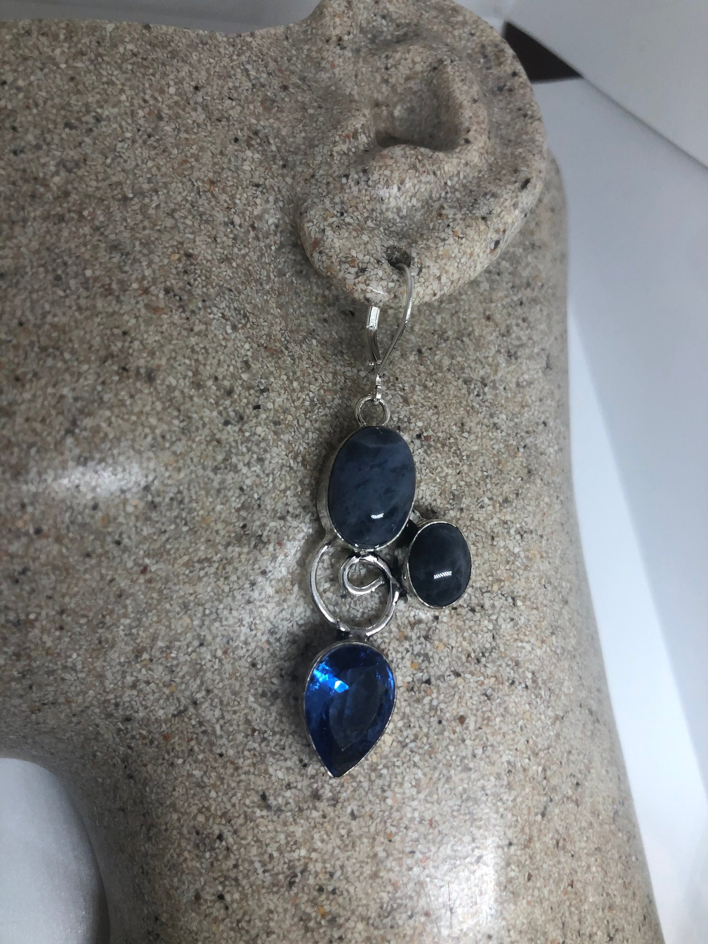 Vintage Blue Glass and Sodalite Sterling Silver Lever Back Chandelier Earrings