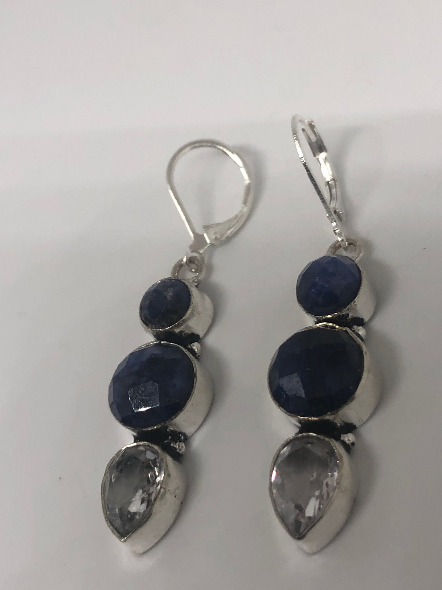 Vintage Blue Raw Sapphire Sterling Silver Lever Back Chandelier Earrings