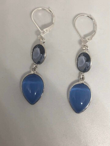 Vintage Sterling Silver Blue Iolite and lab Cats Eye Earrings