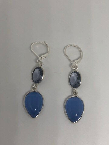 Vintage Sterling Silver Blue Iolite and lab Cats Eye Earrings