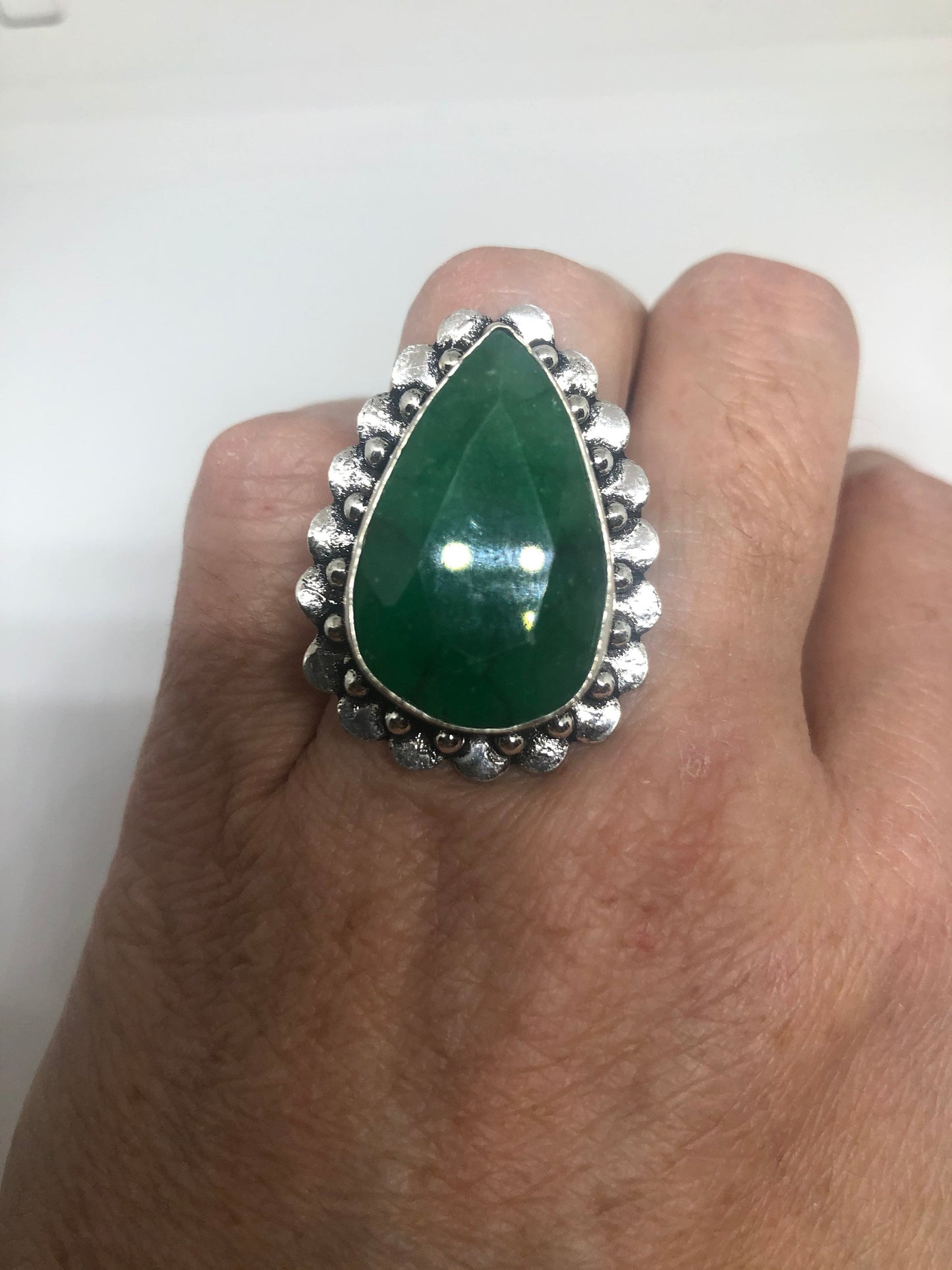 Vintage Green Raw Emerald Silver Bronze Statement Boho Ring Size 6.25