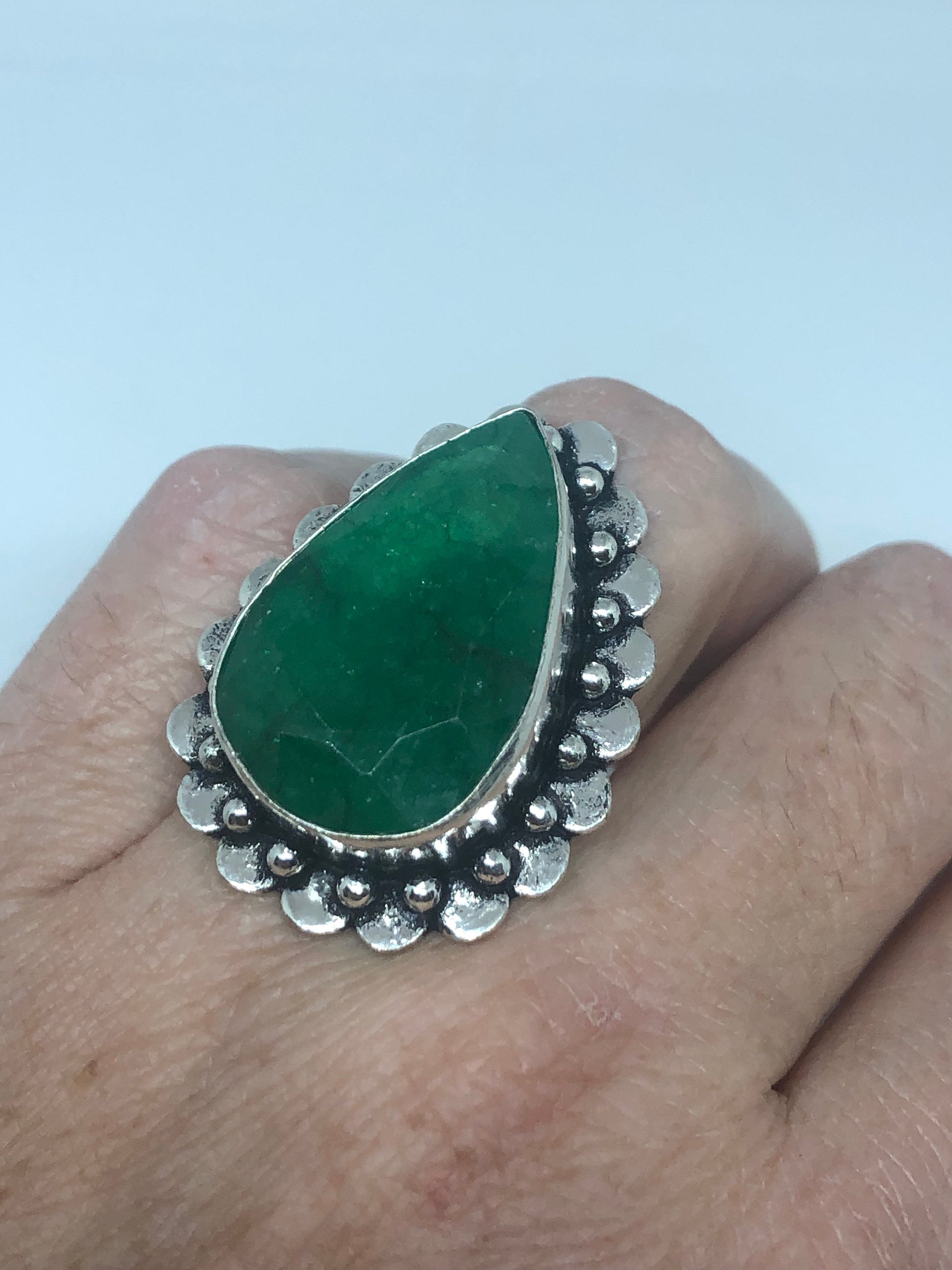 Vintage Green Raw Emerald Silver Bronze Statement Boho Ring Size 6.25