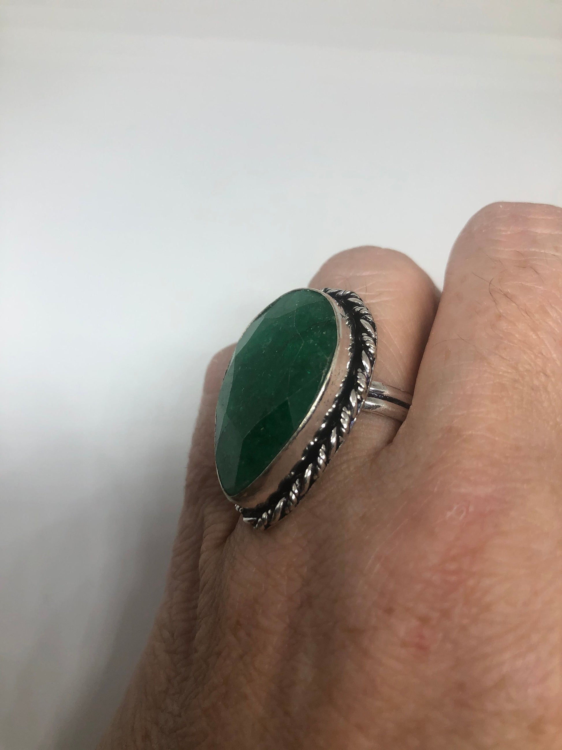 Vintage Green Raw Emerald Silver Bronze Statement Boho Ring Size 8