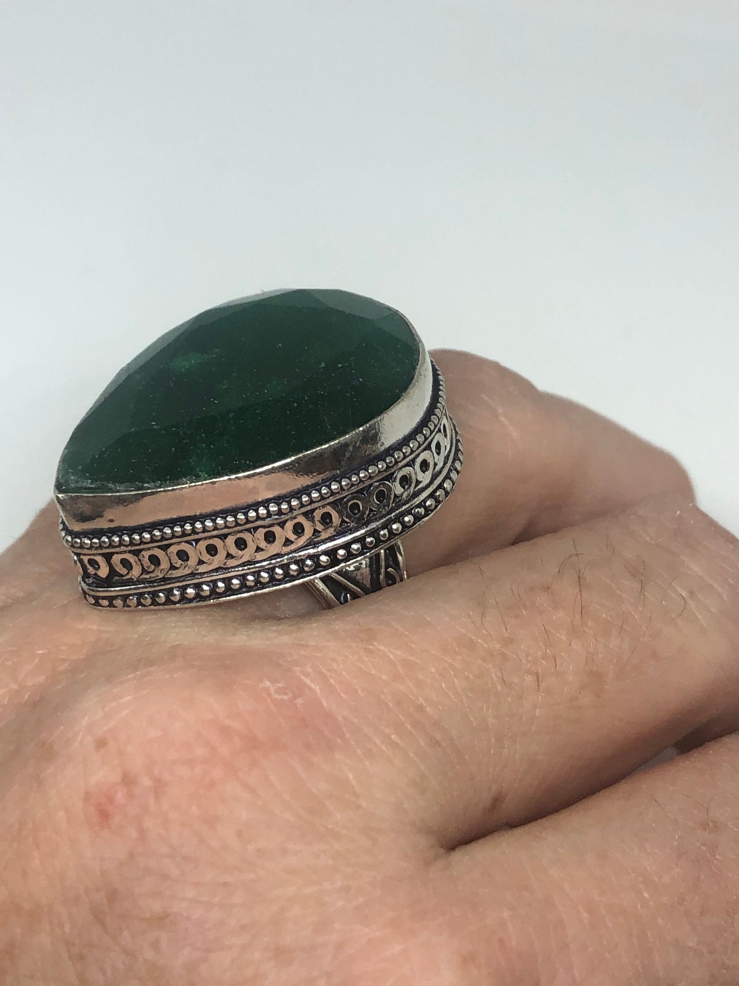 Vintage Green Raw Emerald Silver Bronze Statement Boho Ring Size 7