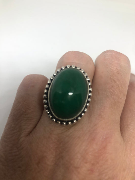 Vintage Green Raw Emerald Silver Bronze Statement Boho Ring Size 7.5