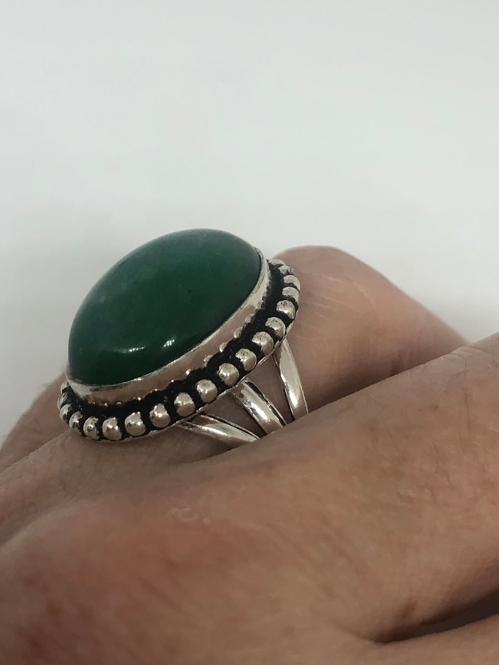 Vintage Green Raw Emerald Silver Bronze Statement Boho Ring Size 7.5
