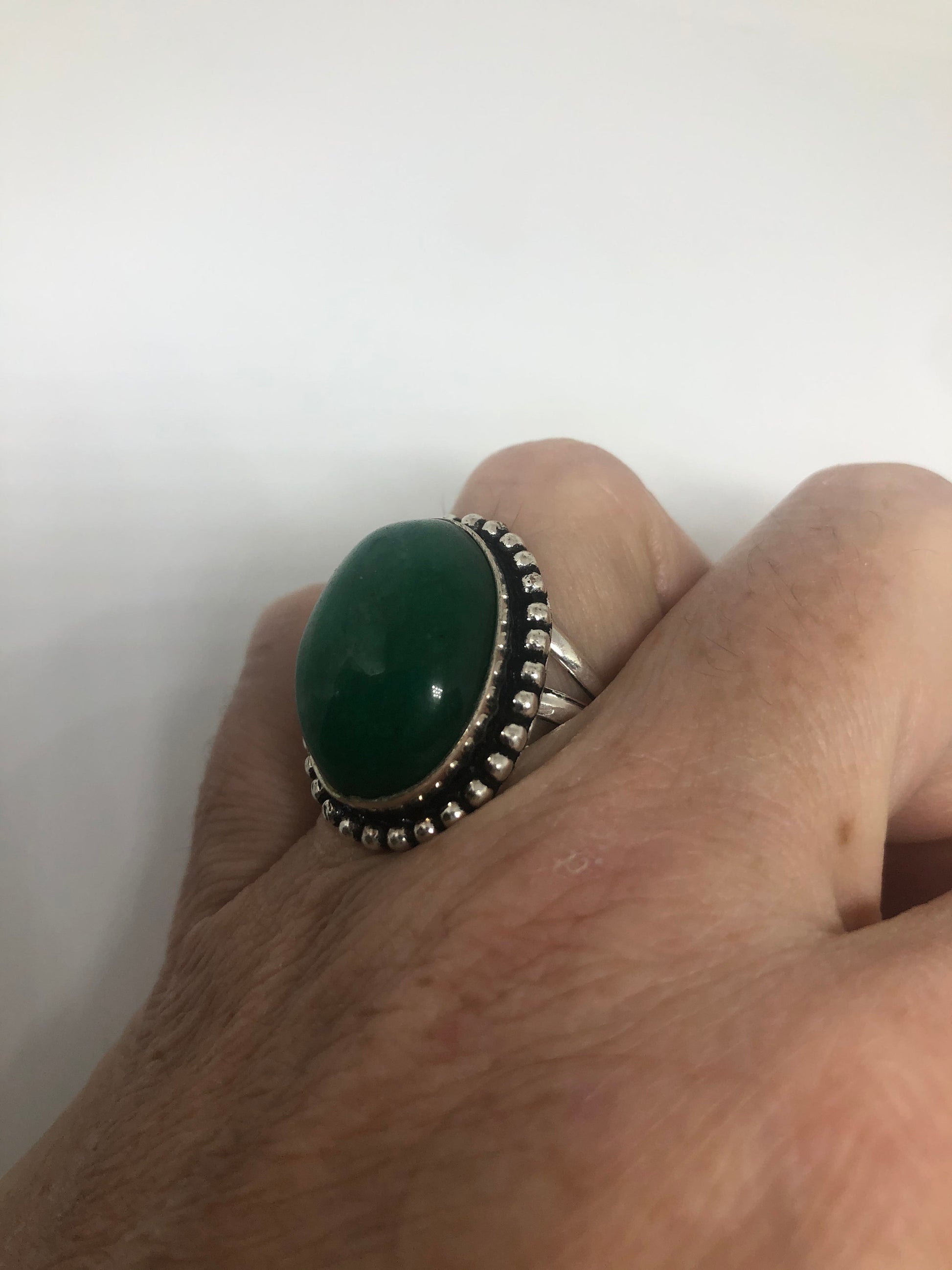 Vintage Green Raw Emerald Silver Bronze Statement Boho Ring Size 7.5