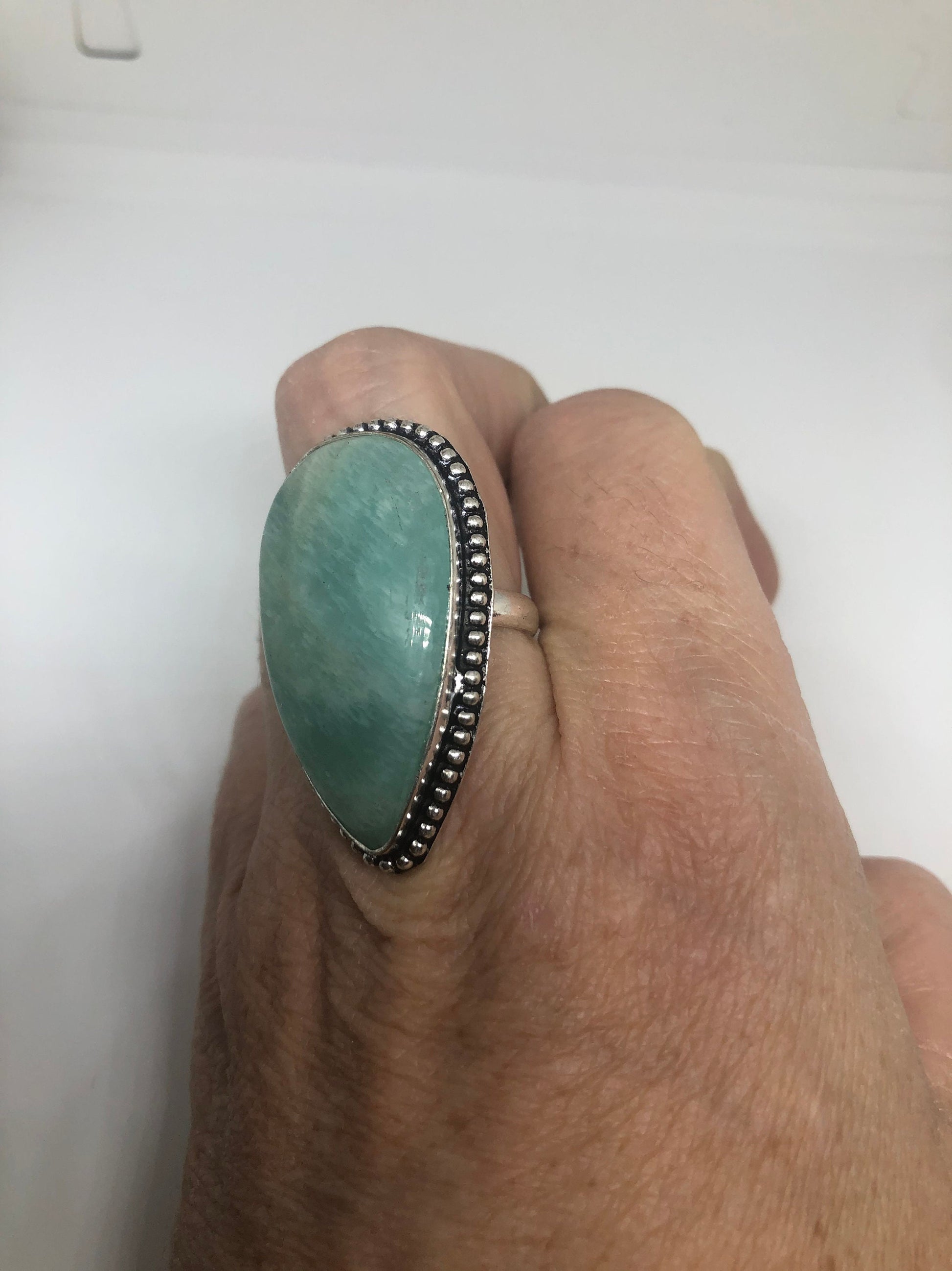 Vintage Green Amazonite Silver Ring Size 8