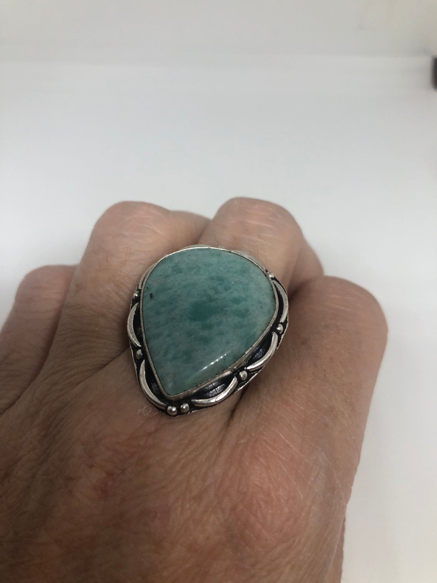 Vintage Green Amazonite Silver Ring Size 8.5