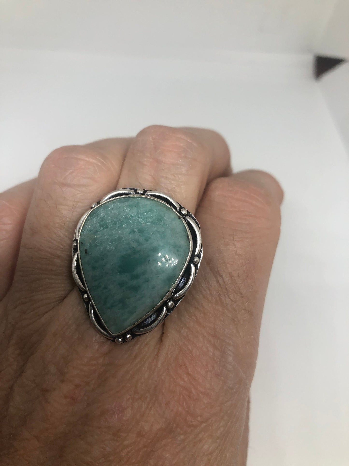 Vintage Green Amazonite Silver Ring Size 8.5