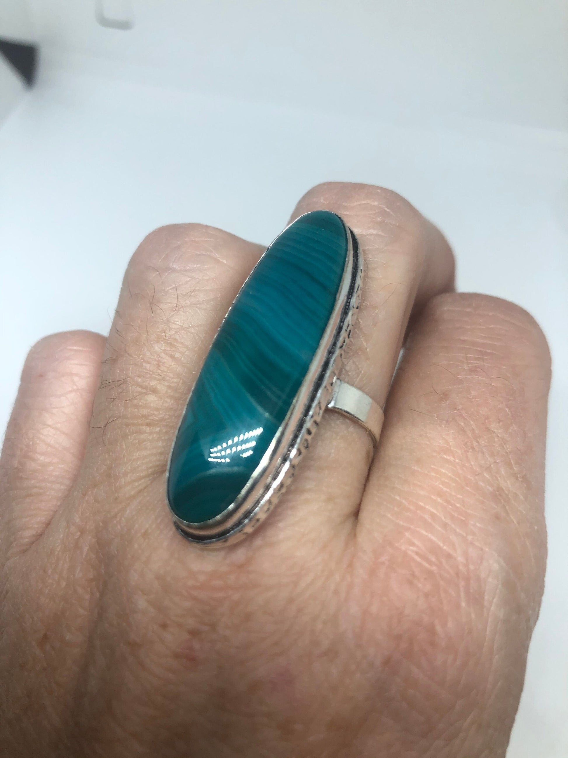 Vintage Green Agate Silver Ring Size 7.5