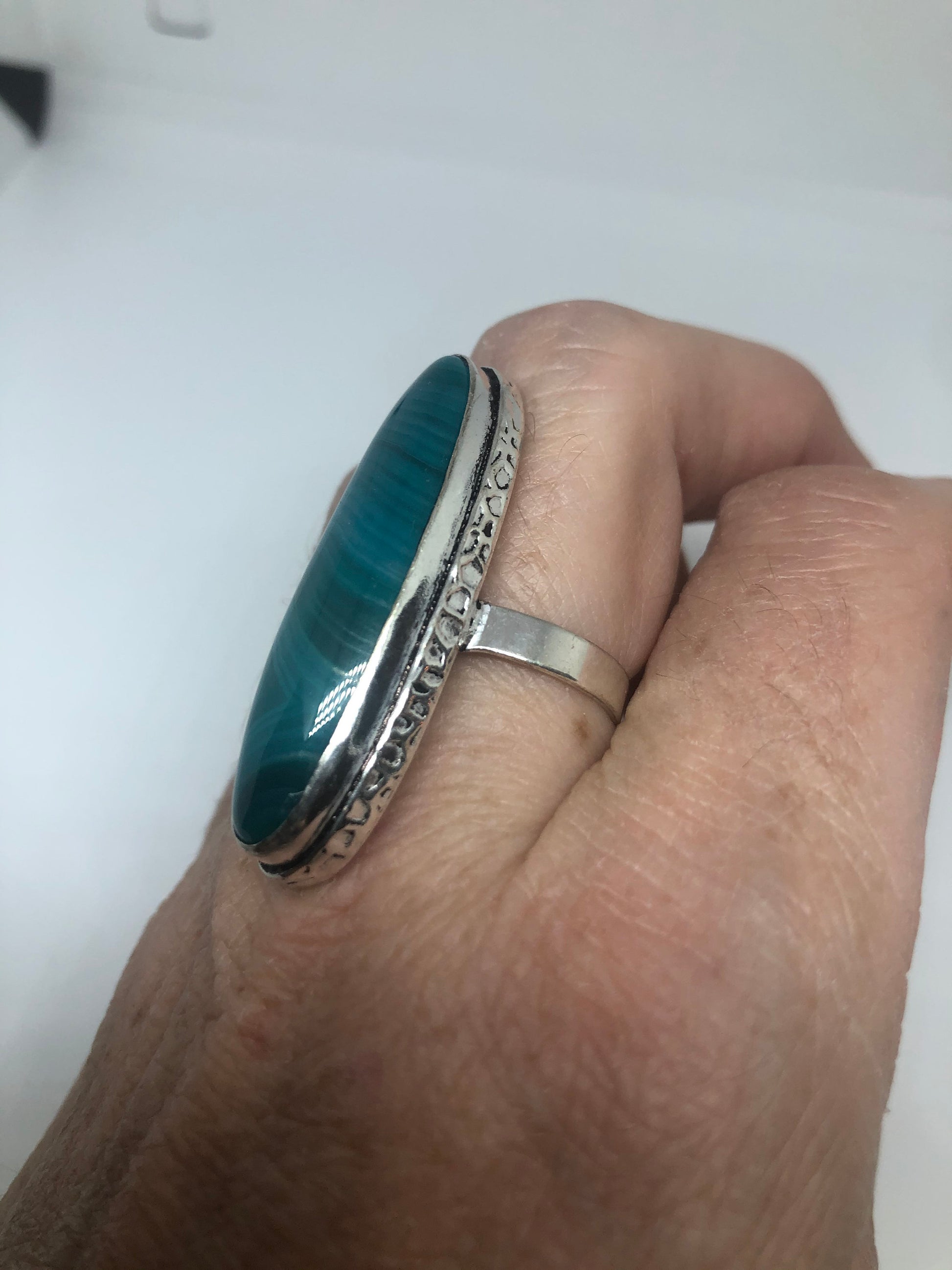 Vintage Green Agate Silver Ring Size 7.5