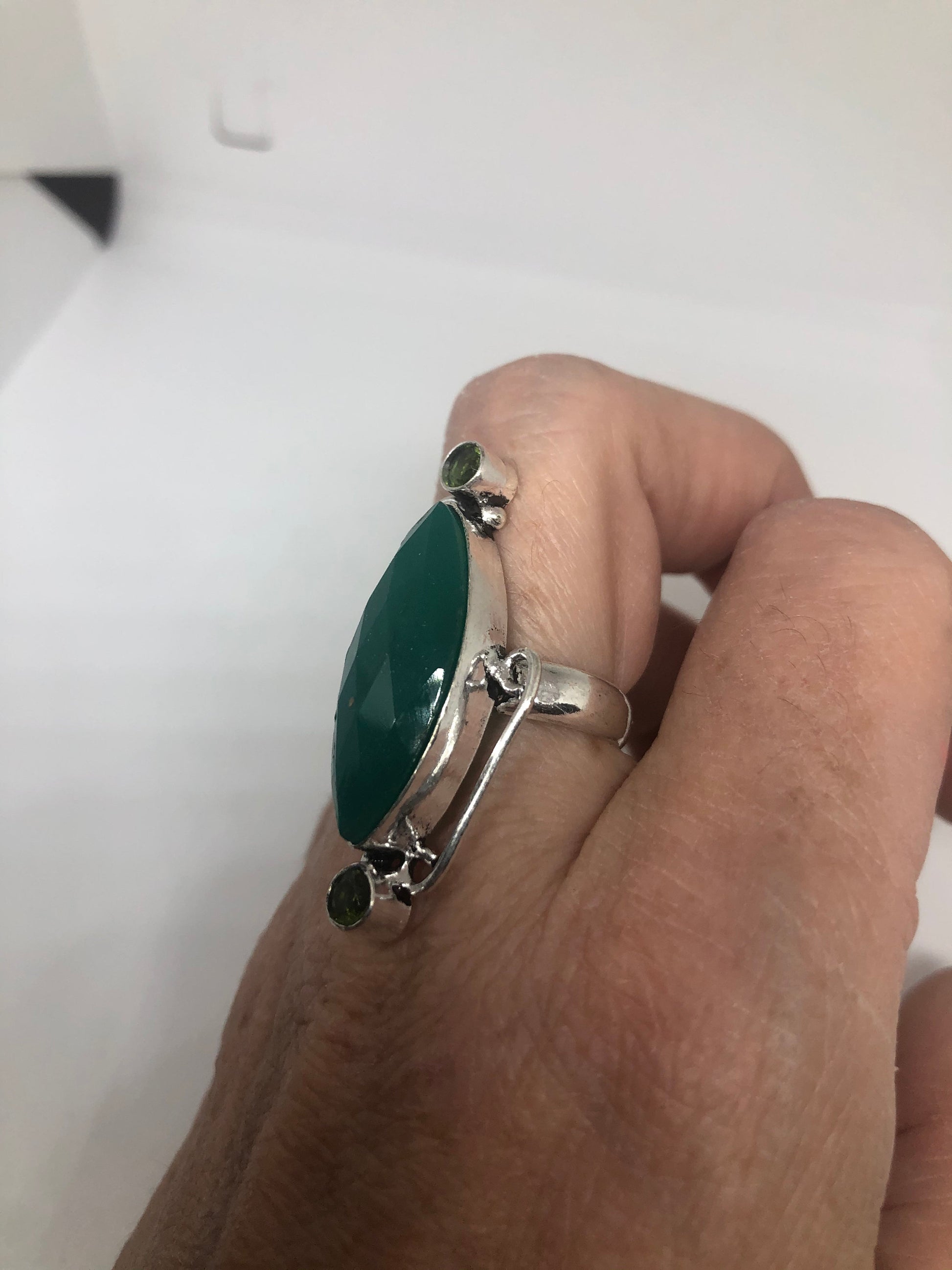 Vintage Green Agate Silver Ring Size 7.5