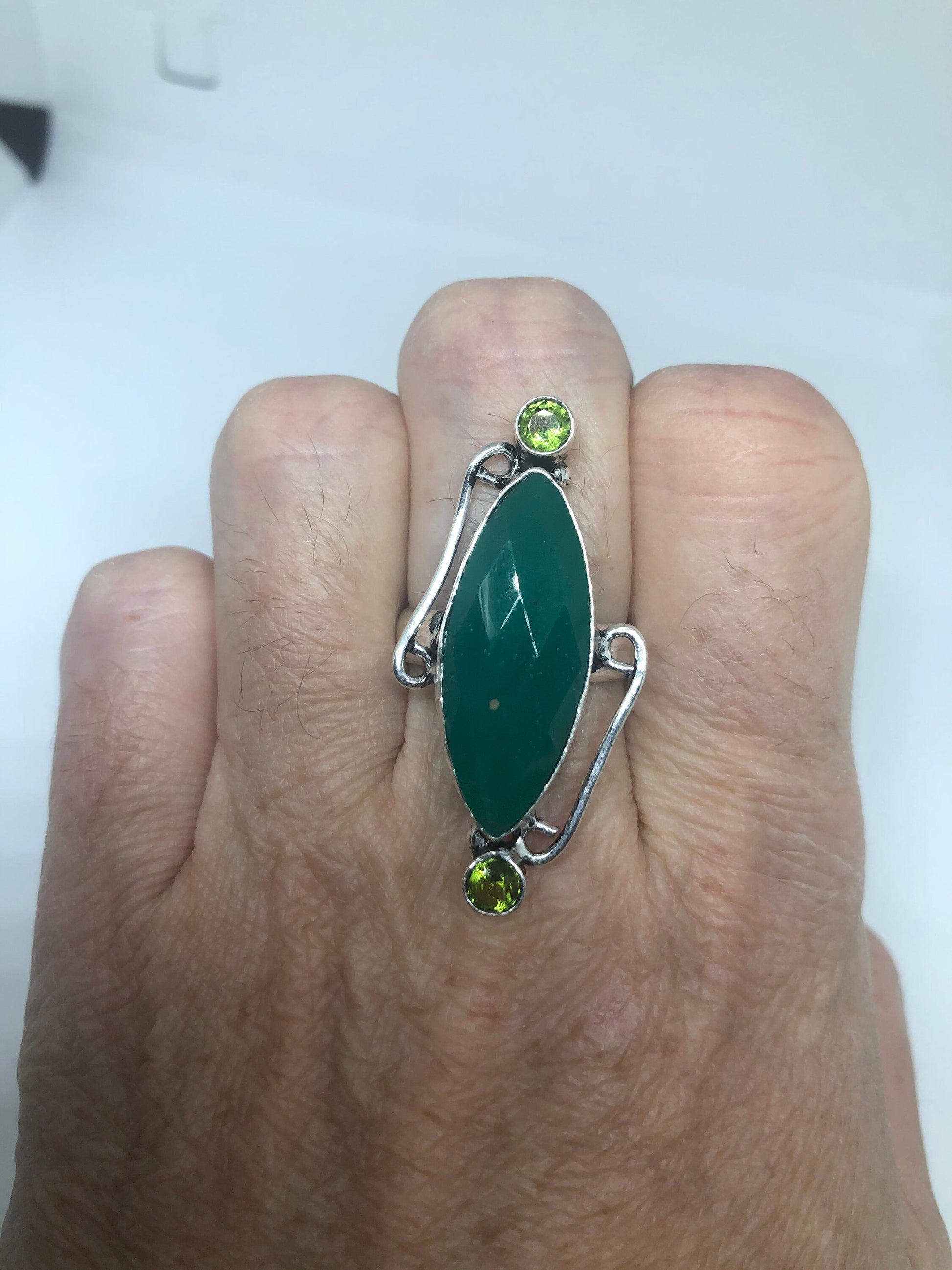 Vintage Green Agate Silver Ring Size 7.5