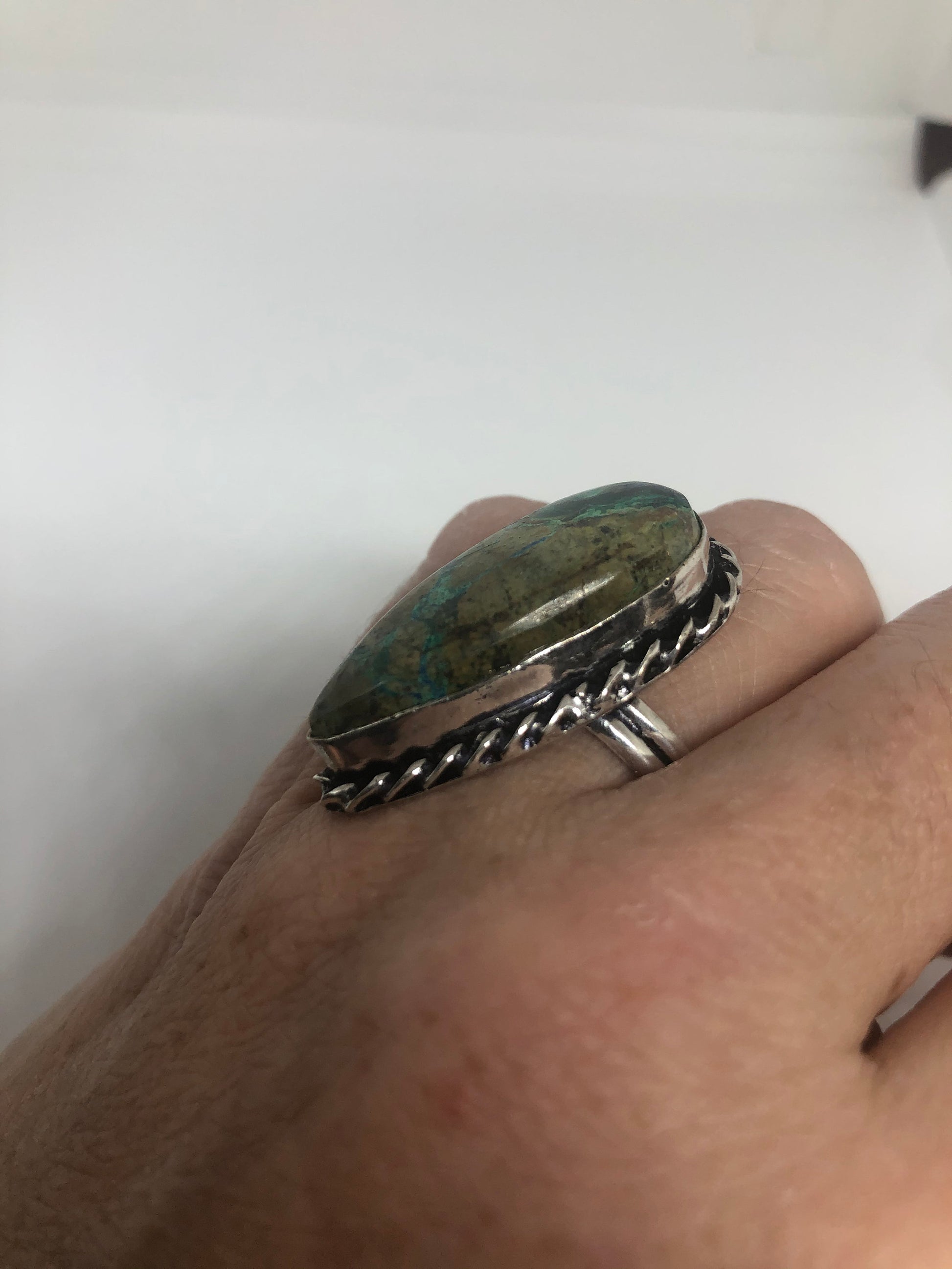 Vintage Green Agate Silver Ring Size 7