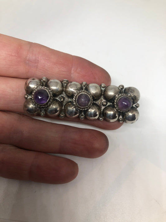 Vintage Purple Amethyst Hand Made Aztec 925 Sterling Silver Brooch Pin