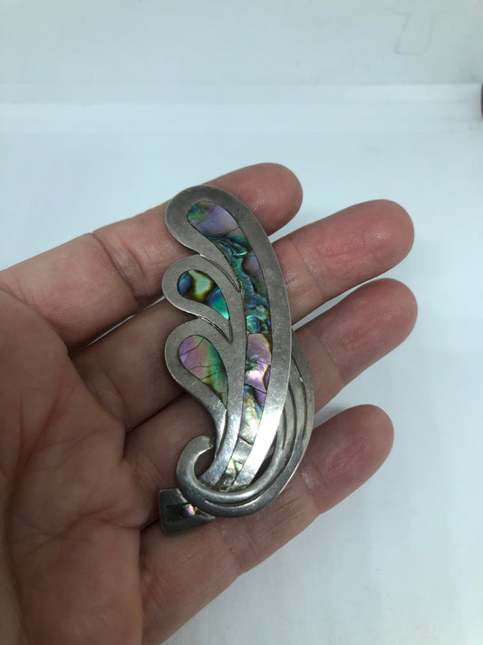 Vintage Abalone Hand Made Aztec 925 Sterling Silver Brooch Pin