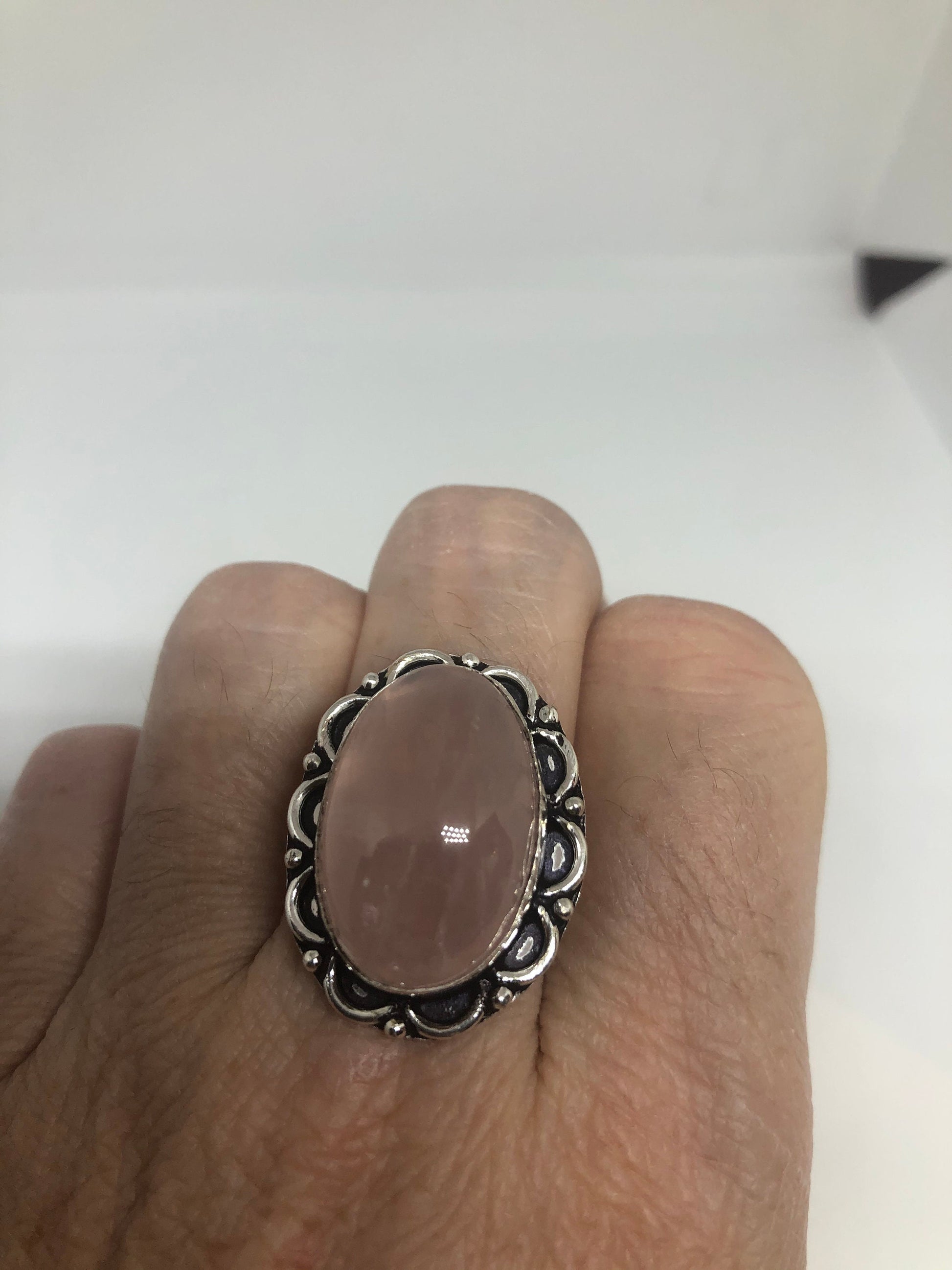 Vintage Pink Rose Quartz Silver Ring Size 8.5