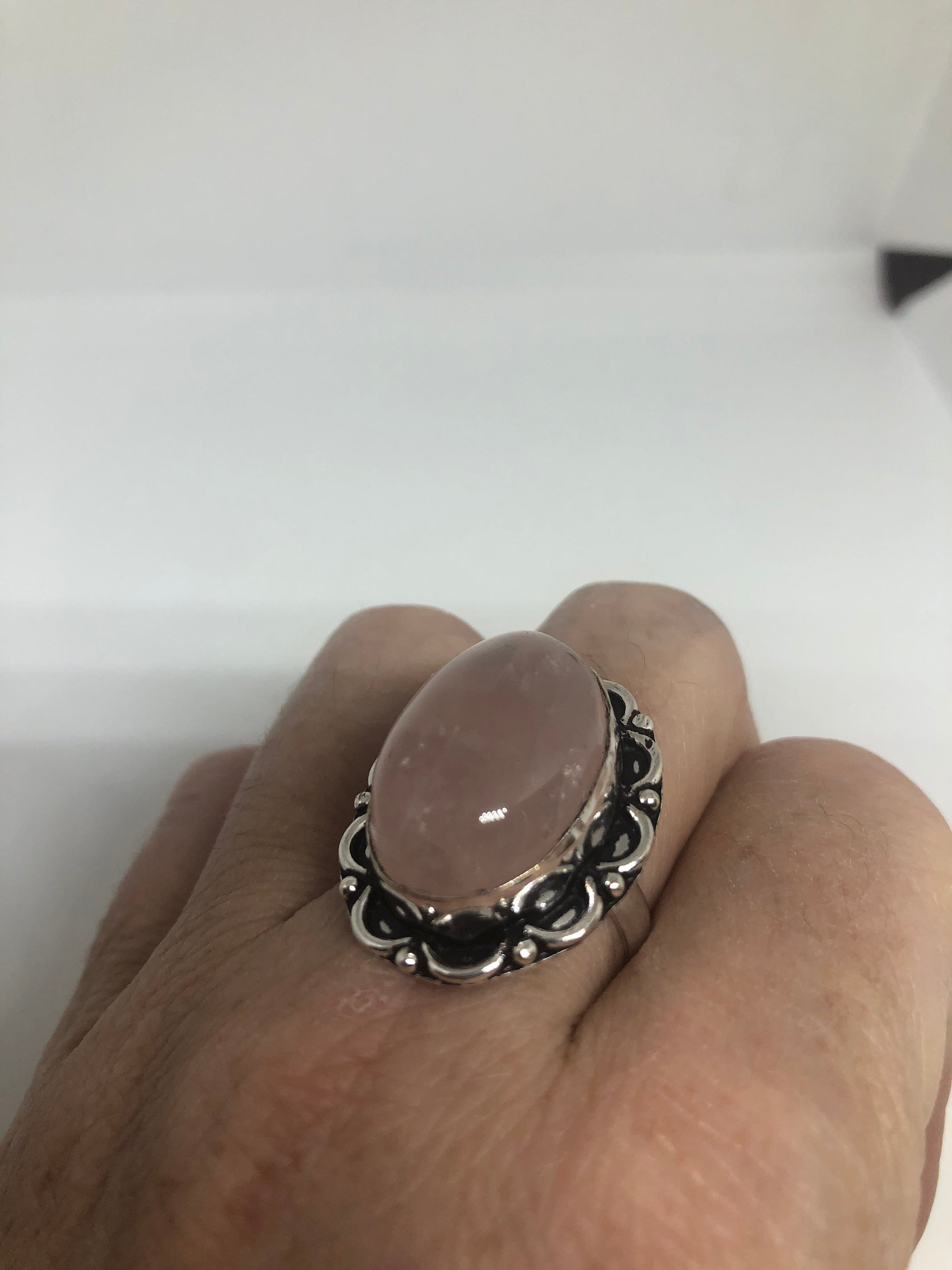 Vintage Pink Rose Quartz Silver Ring Size 8.5