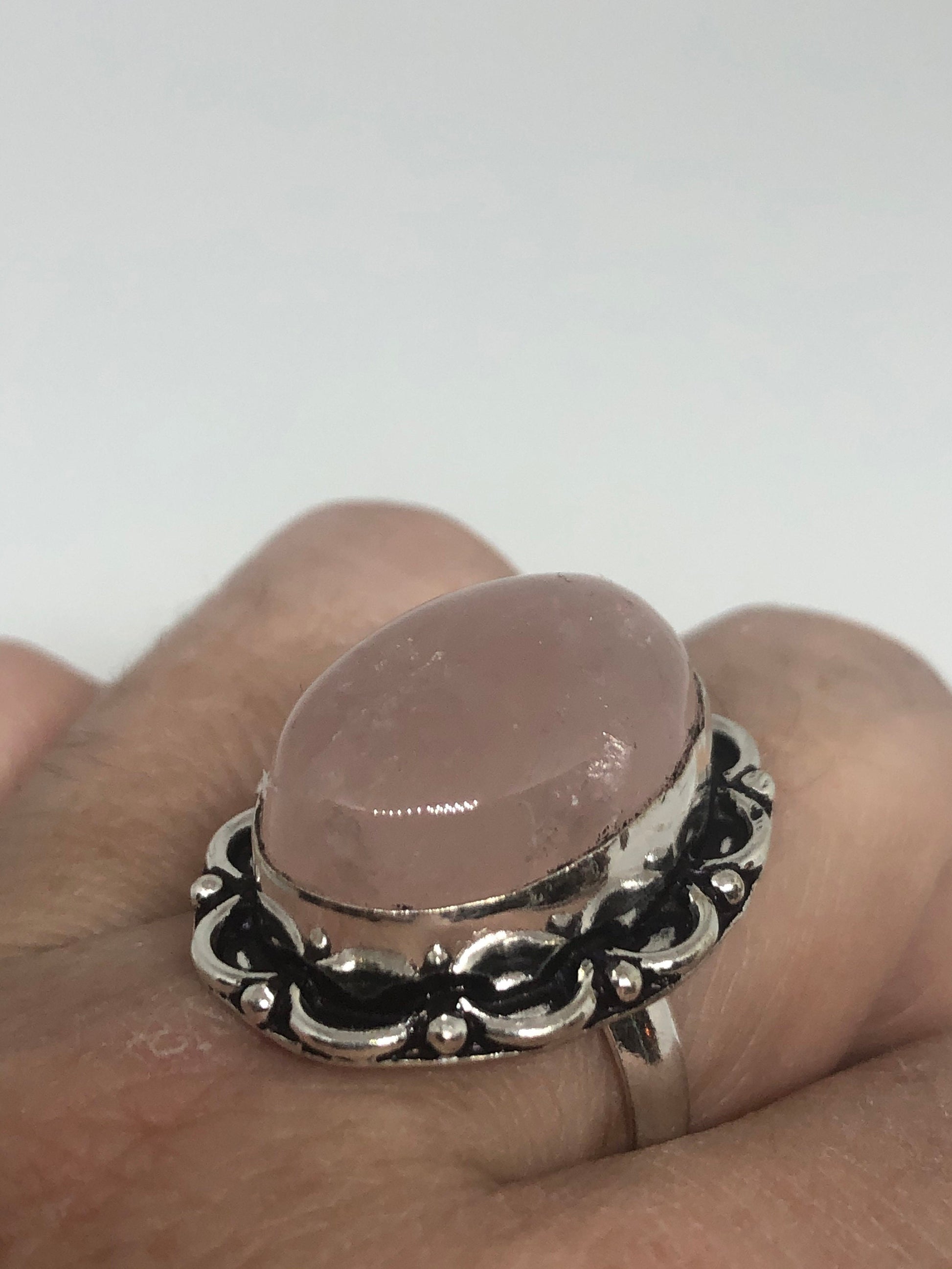 Vintage Pink Rose Quartz Silver Ring Size 8.5