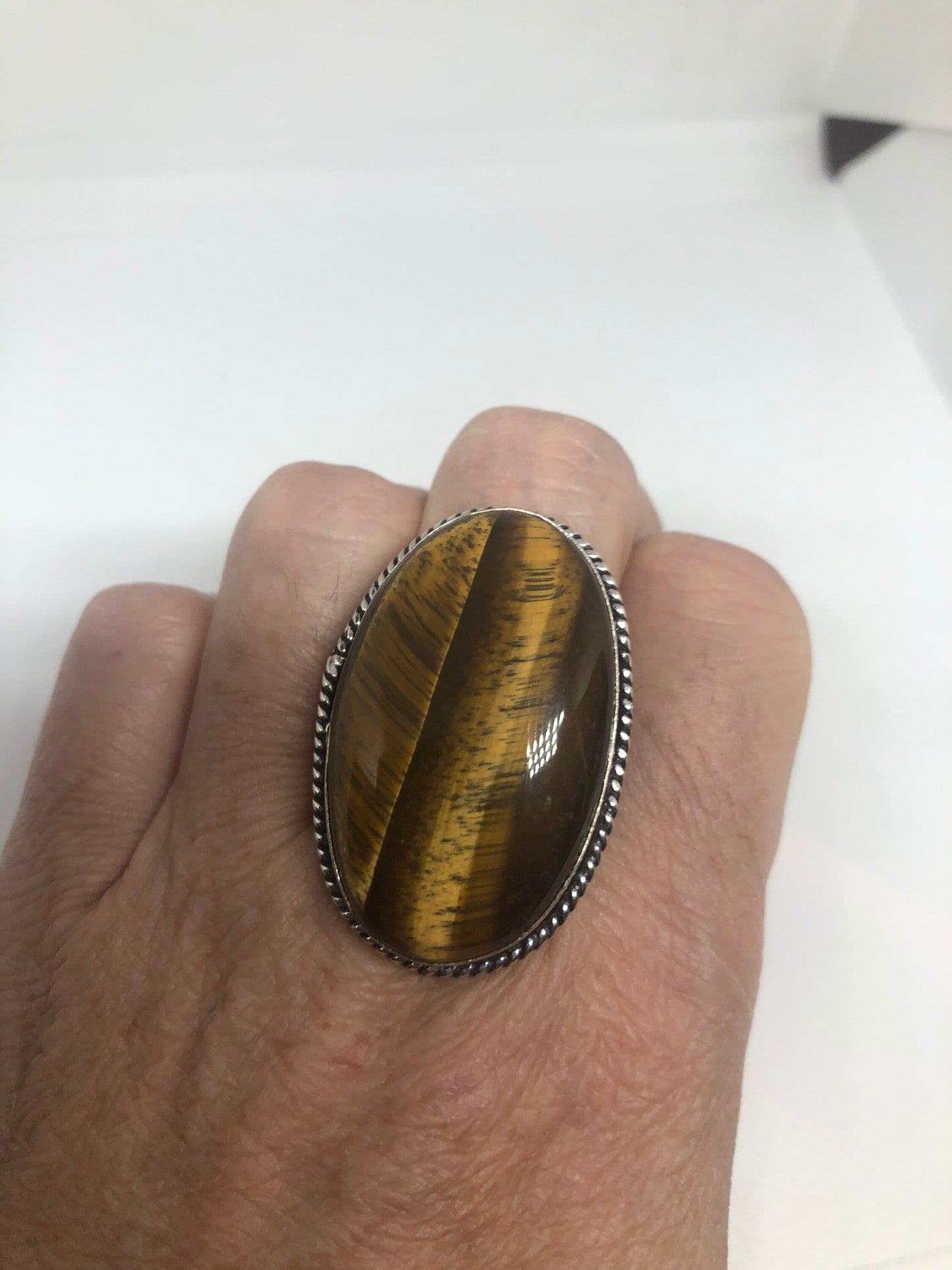 Vintage Tigers Eye Silver Cocktail Ring Size 7