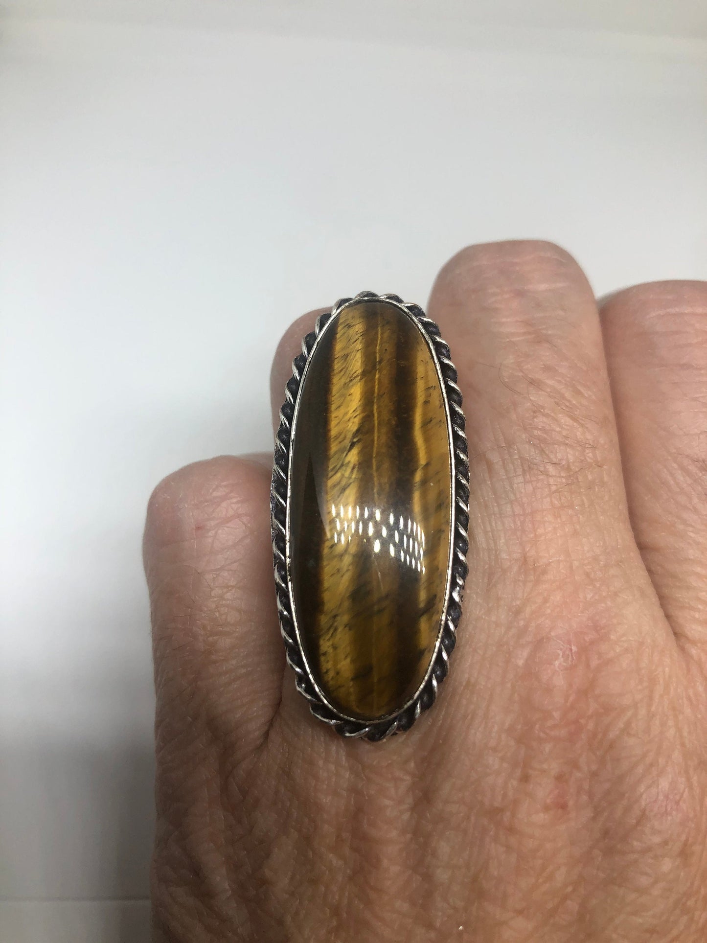 Vintage Tigers Eye Silver Cocktail Ring Size 7