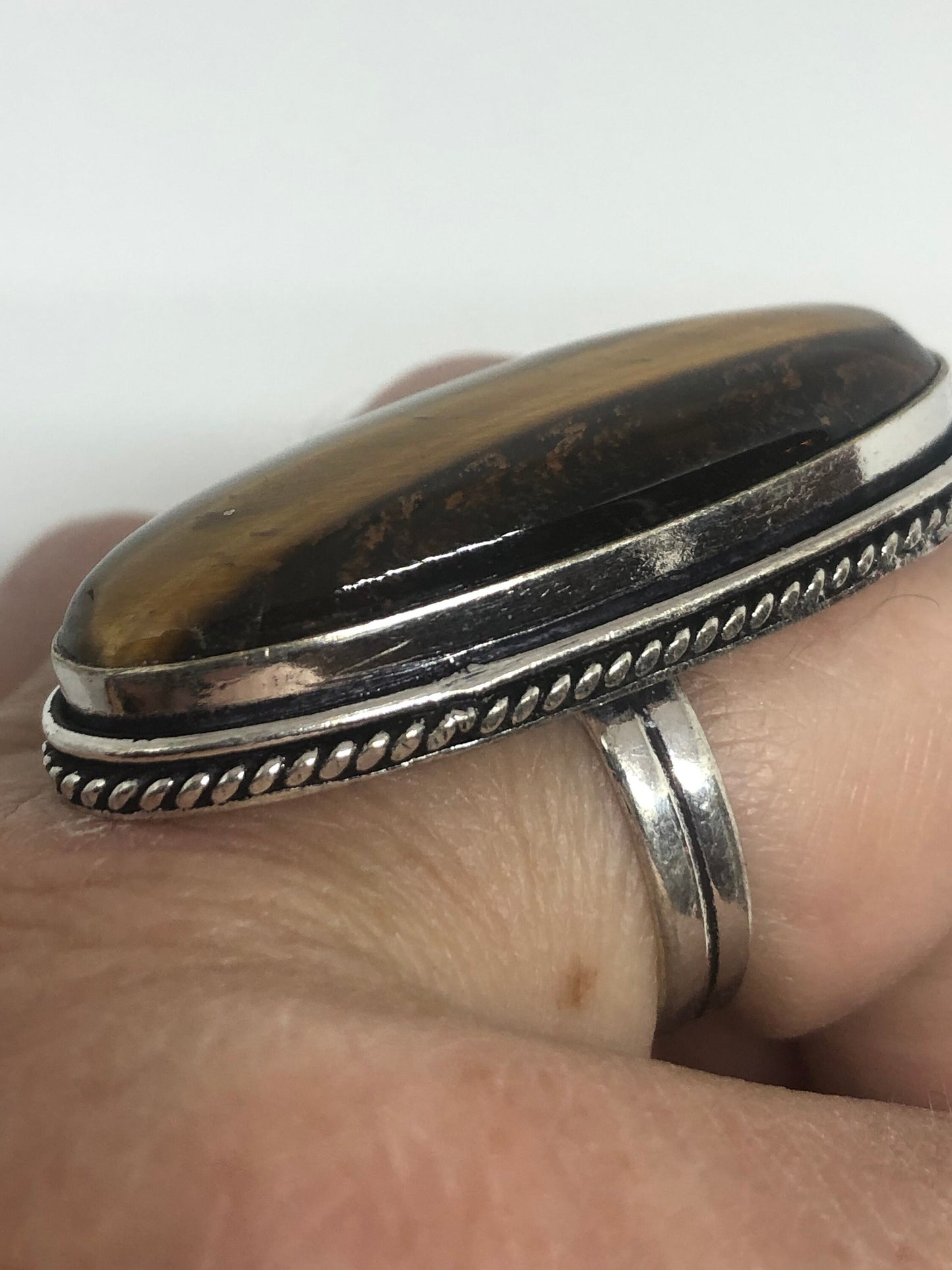 Vintage Tigers Eye Silver Cocktail Ring Size 7