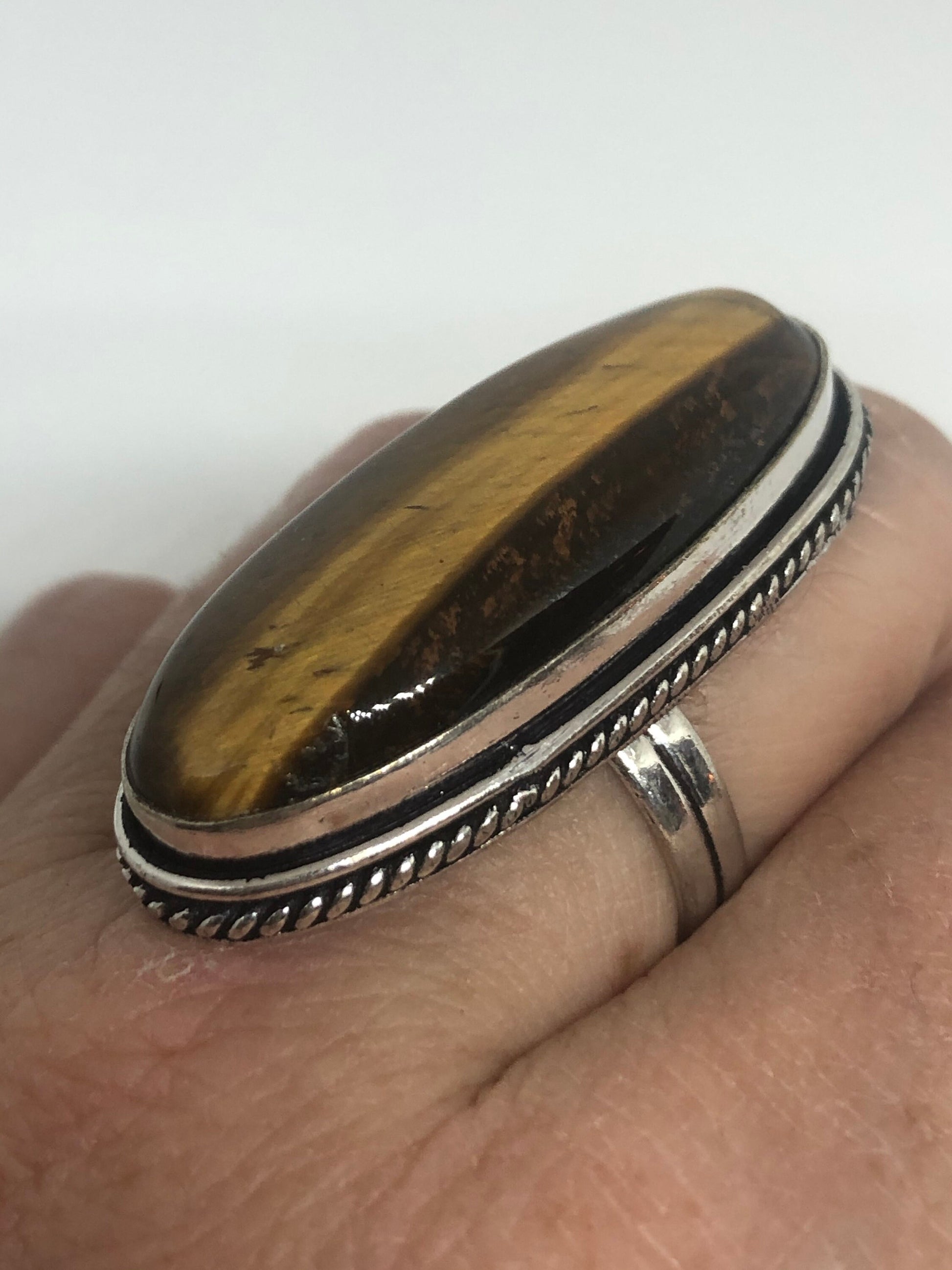 Vintage Tigers Eye Silver Cocktail Ring Size 7