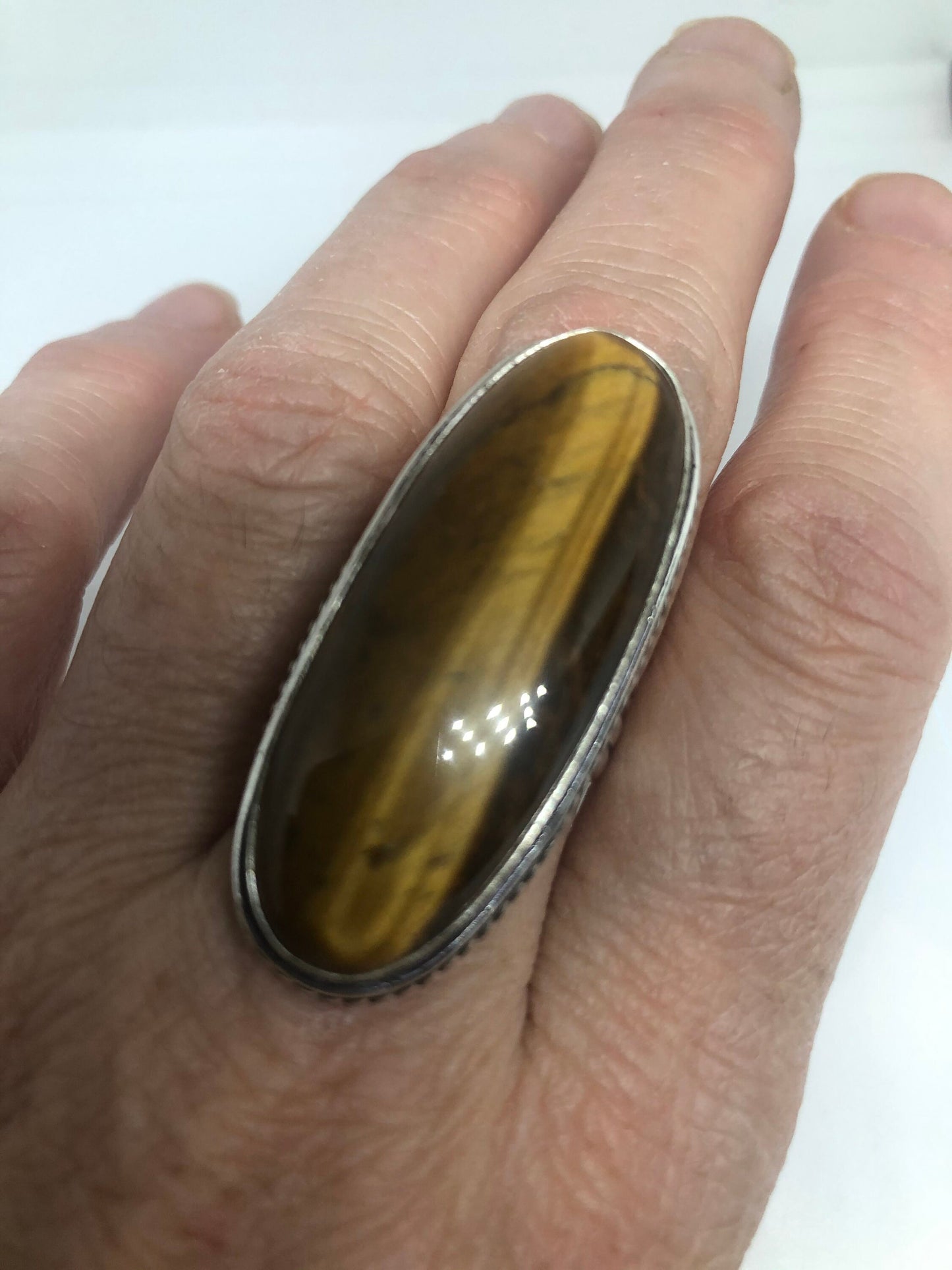 Vintage Tigers Eye Silver Cocktail Ring Size 7