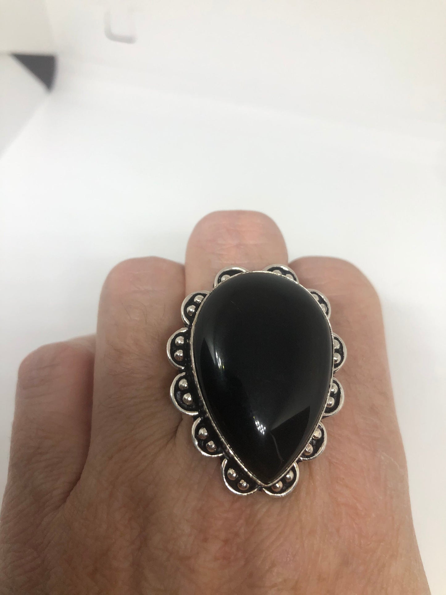 Vintage Genuine Black Onyx Silver Ring Size 8.5