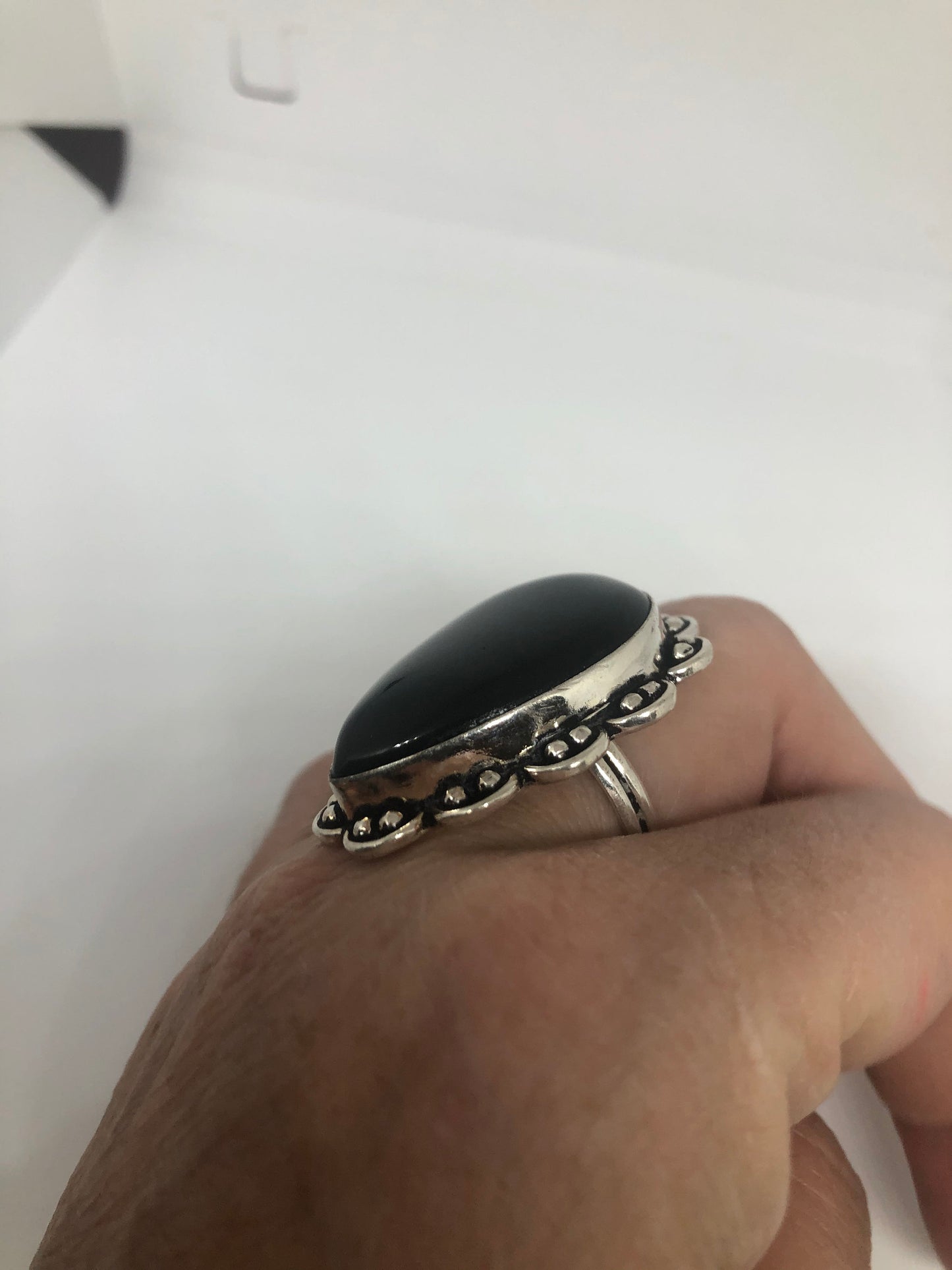 Vintage Genuine Black Onyx Silver Ring Size 8.5