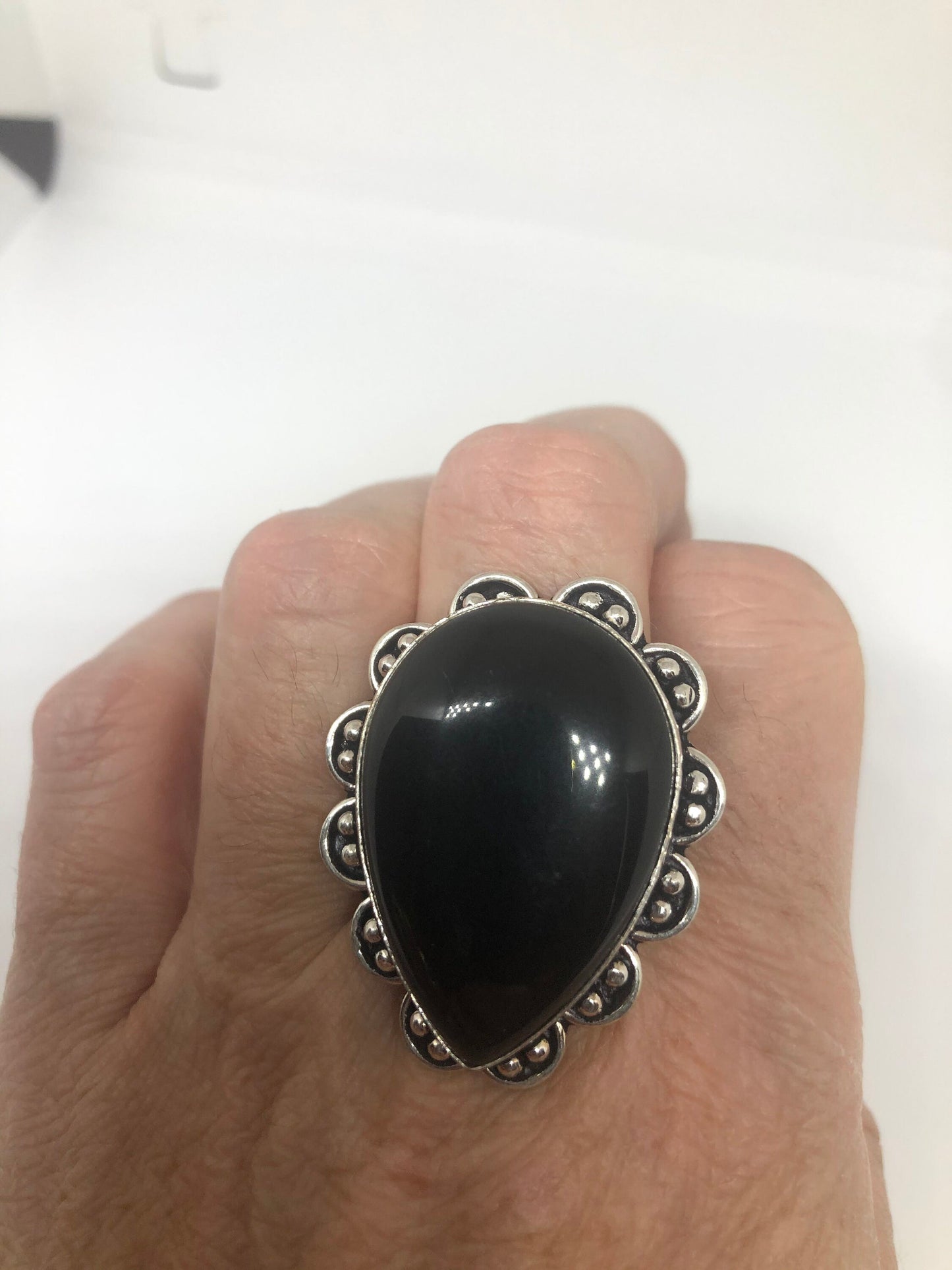 Vintage Genuine Black Onyx Silver Ring Size 8.5