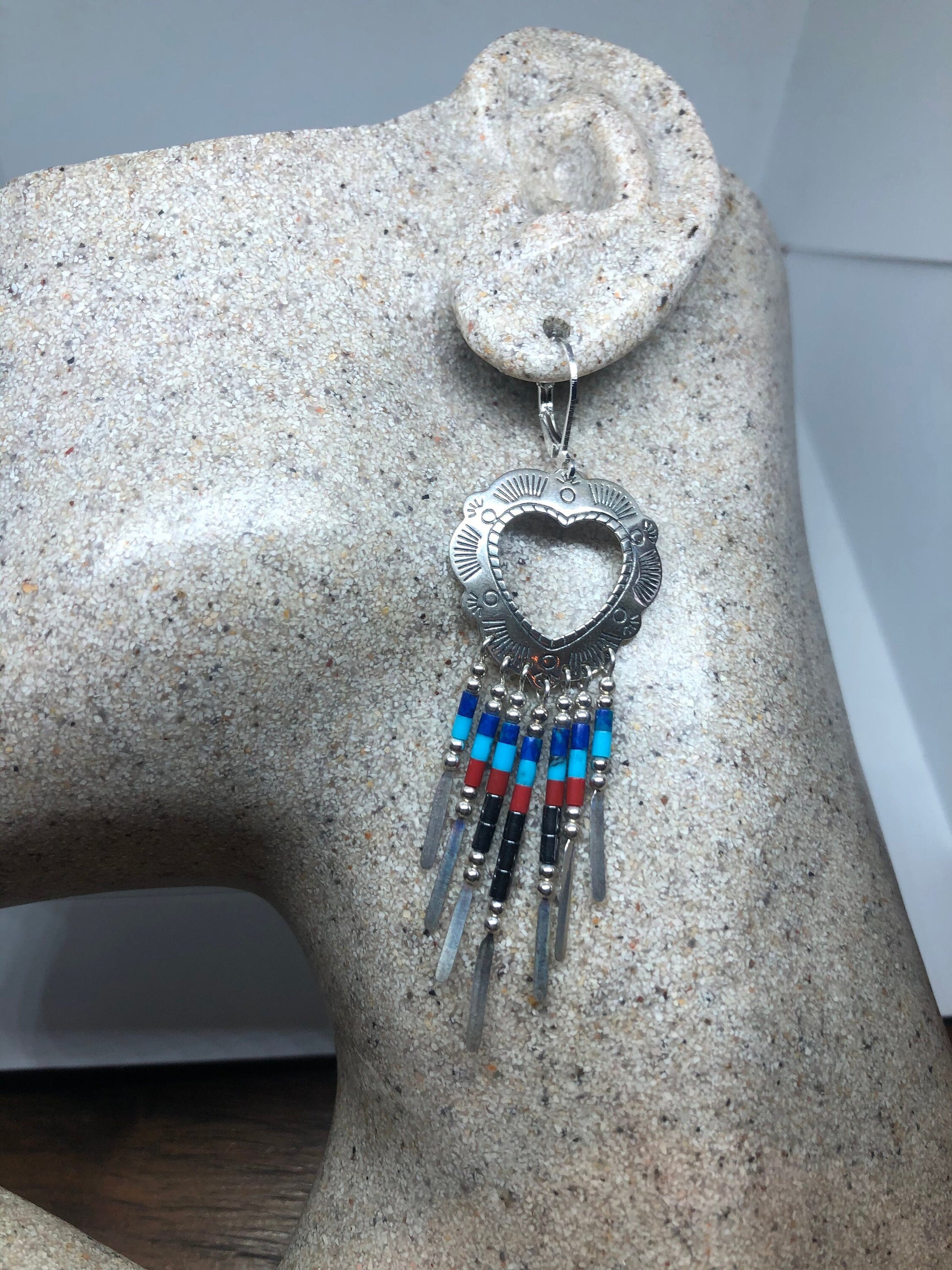 Vintage Heart bead Onyx Turquoise Southwestern Navajo Earrings 925 Sterling Silvee